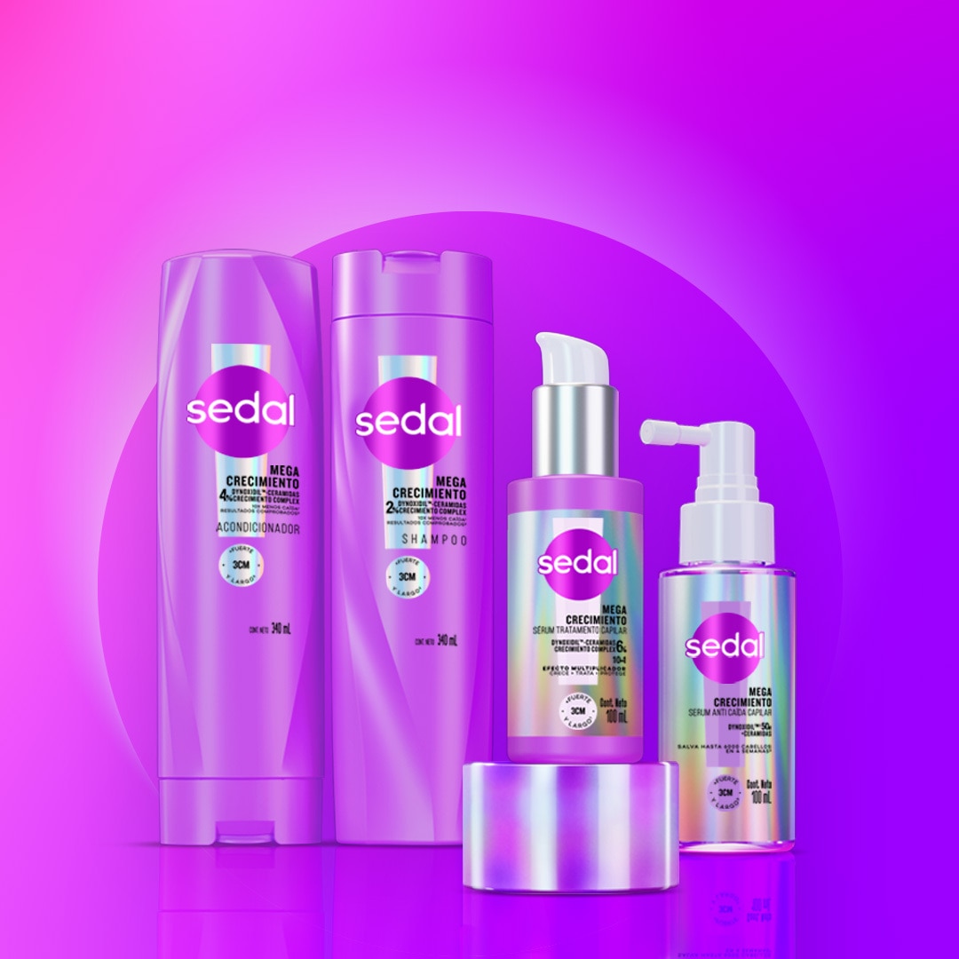 Productos línea Sedal Brillo Ceramidas con fondo degradado en tonos aqua y verde
