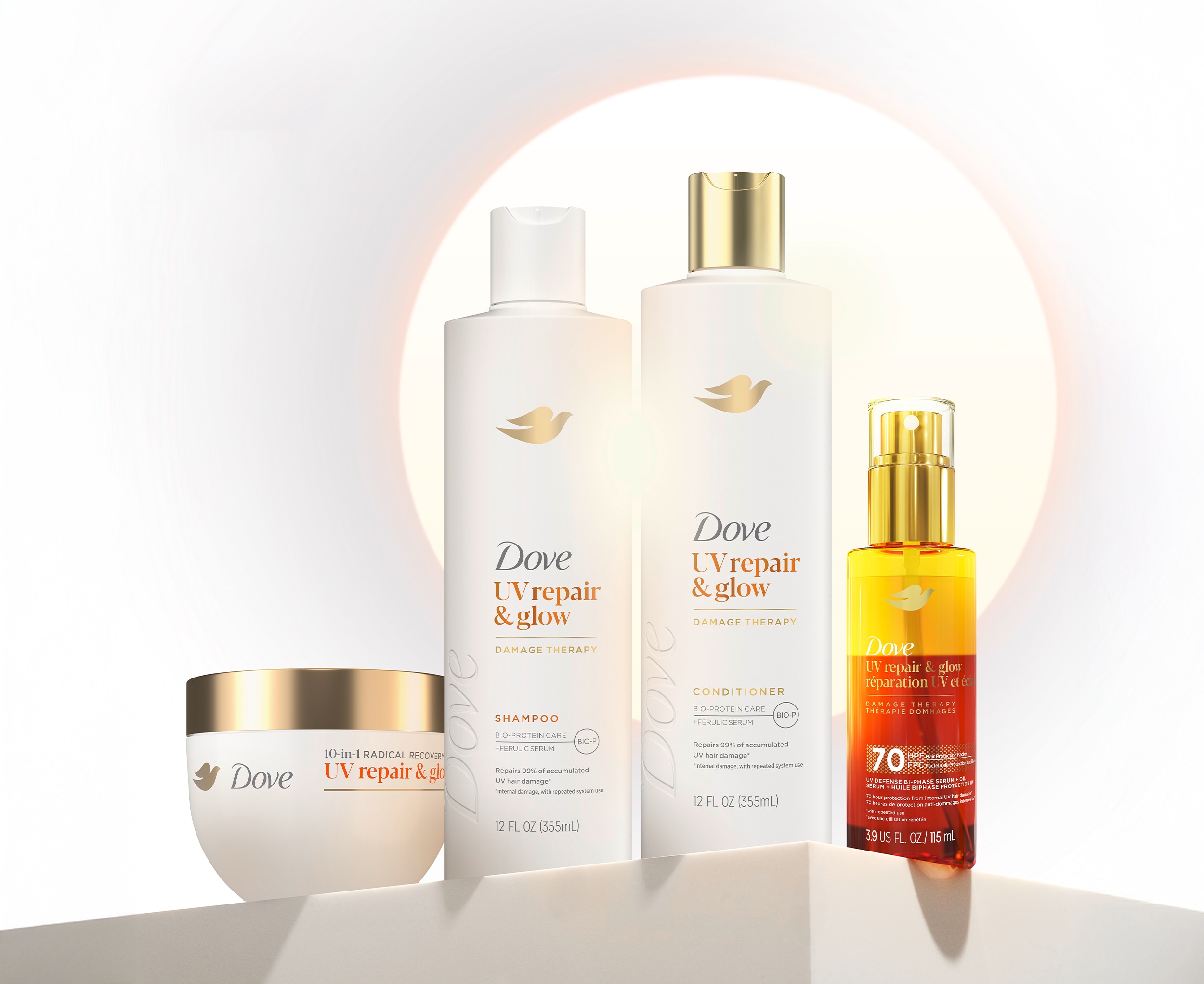 An image of the Dove Hair UV Repair and Glow range.