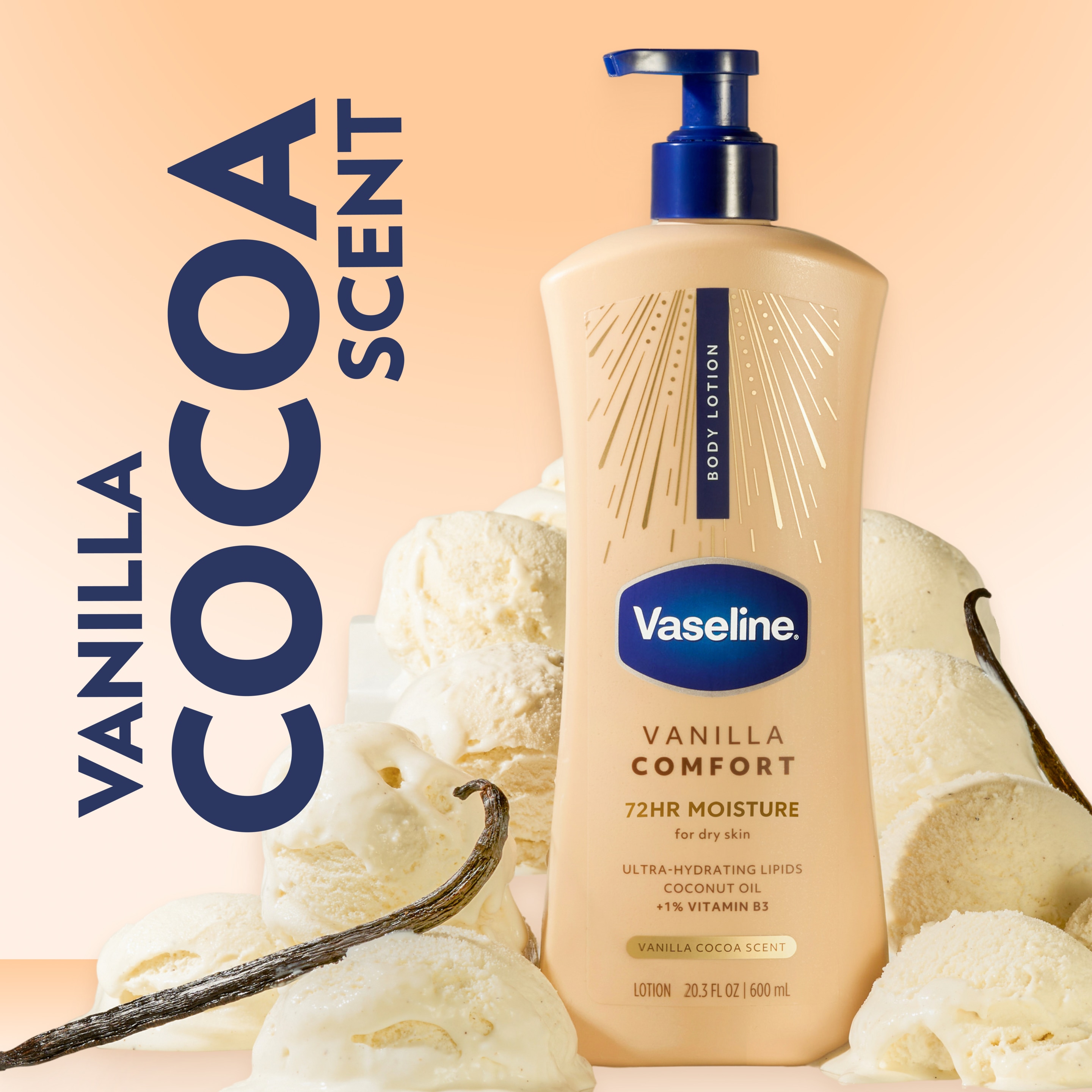 Vaseline Vanilla Comfort Body Lotion displayed among vanilla ice cream scoops and vanilla beans