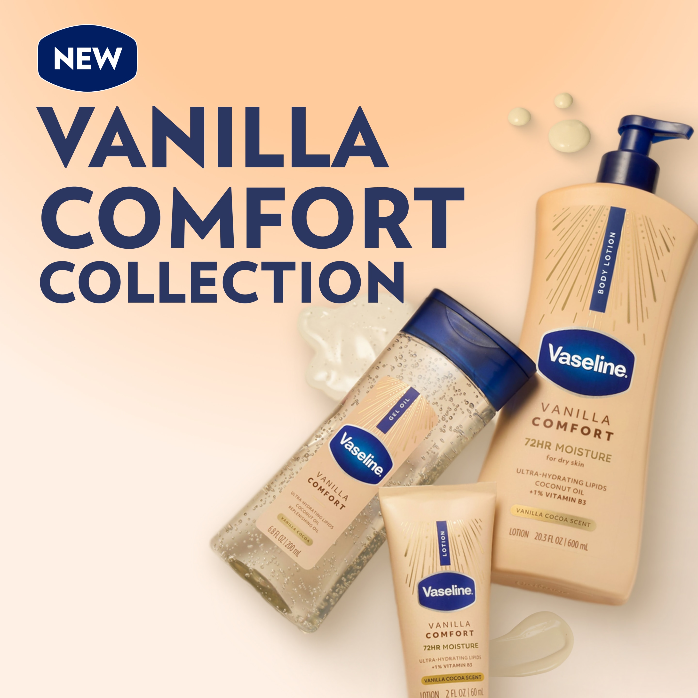 Vaseline Vanilla Comfort Collection featuring body lotion, gel oil, and travel-size lotion displayed on a cream background with the text