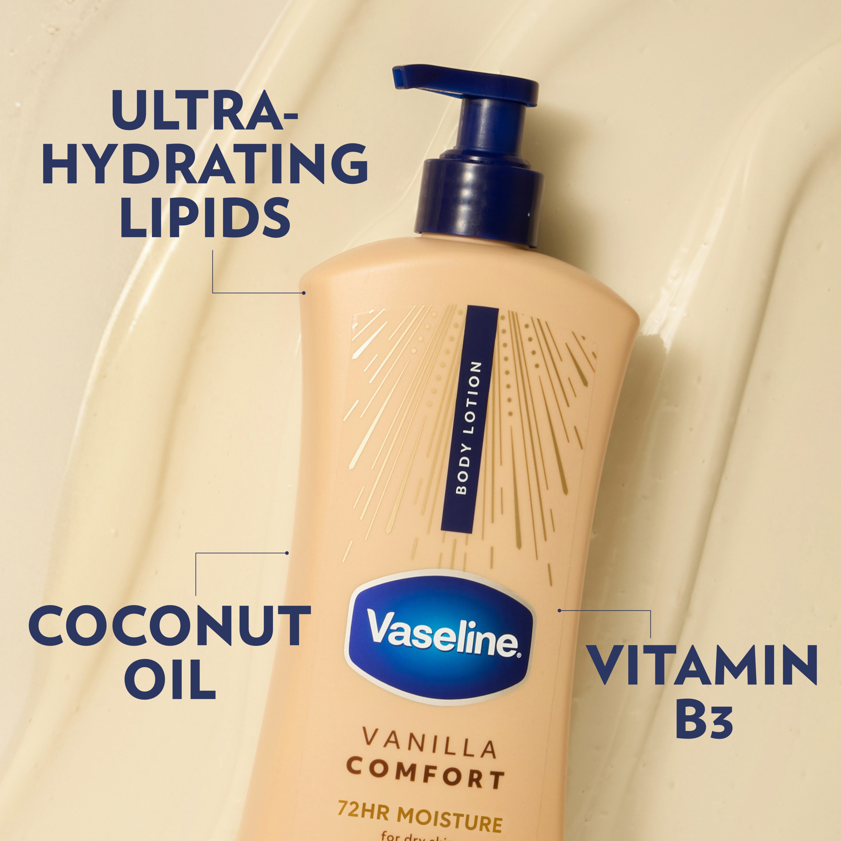 Vaseline Vanilla Comfort Body Lotion bottle highlighted with callouts