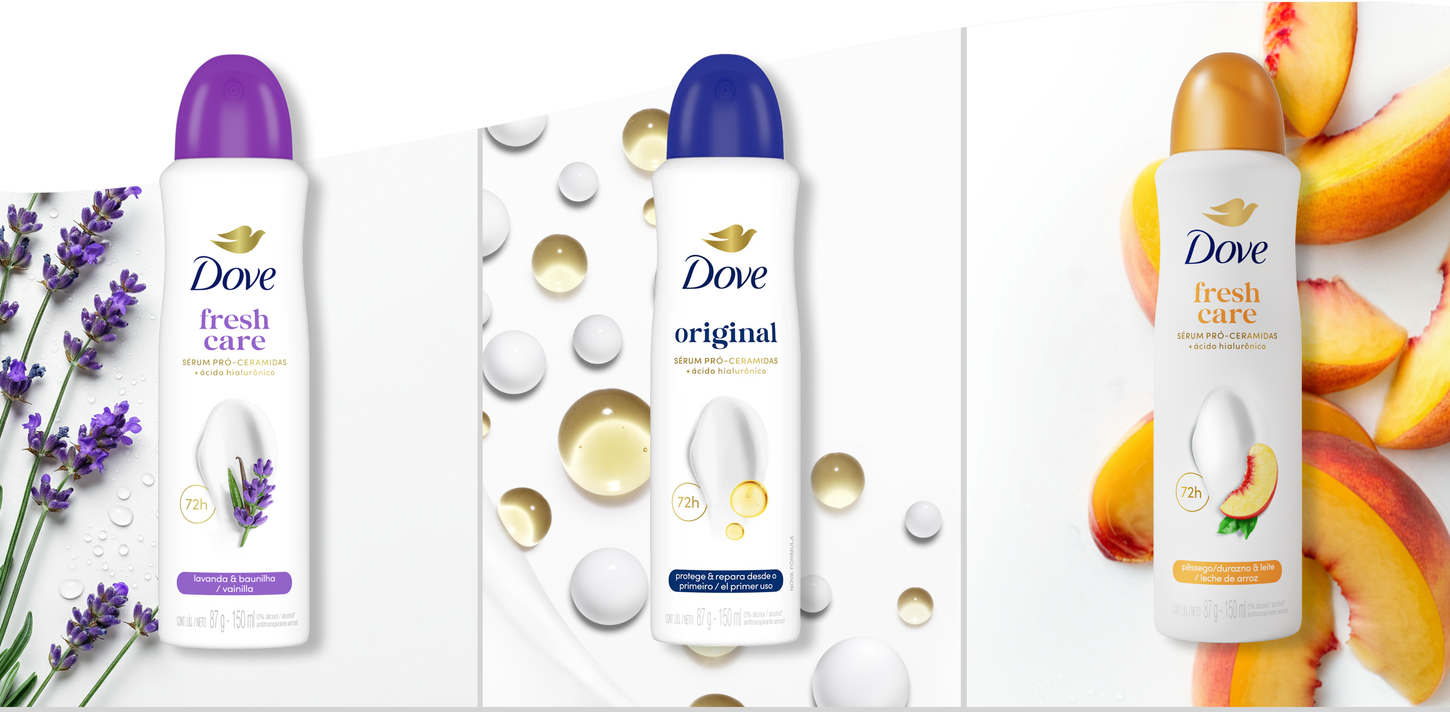 desodorante aerosol dove lavanda, original e pêssego lado a lado