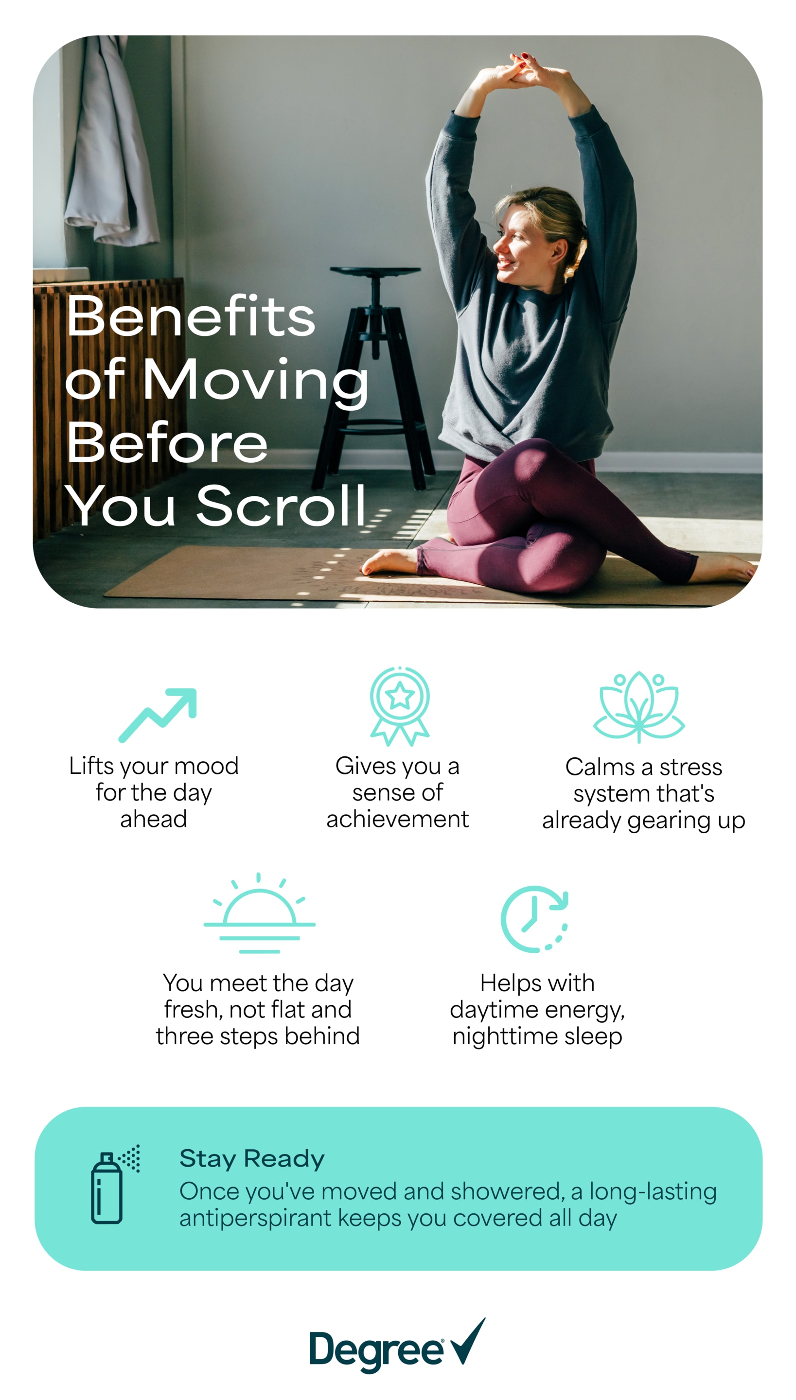 Person joyfully stretching on a bed in a bright, cozy bedroom knowing the benefits of morning exercise. 