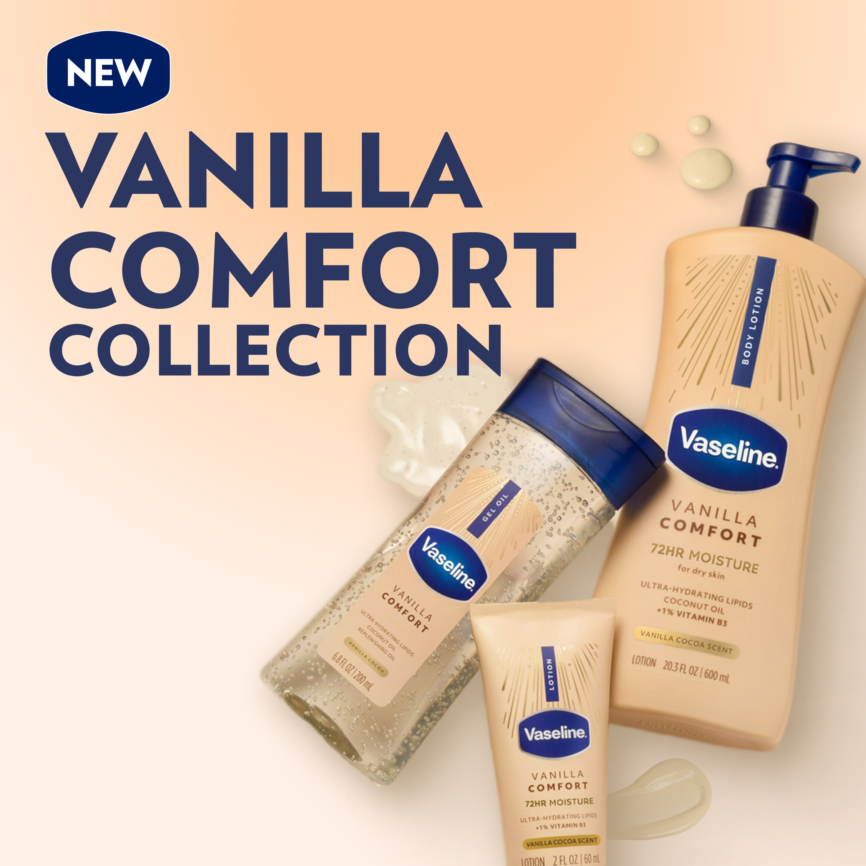 Vaseline Vanilla Comfort Collection featuring body lotion, gel oil, and travel-size lotion displayed on a cream background with the text