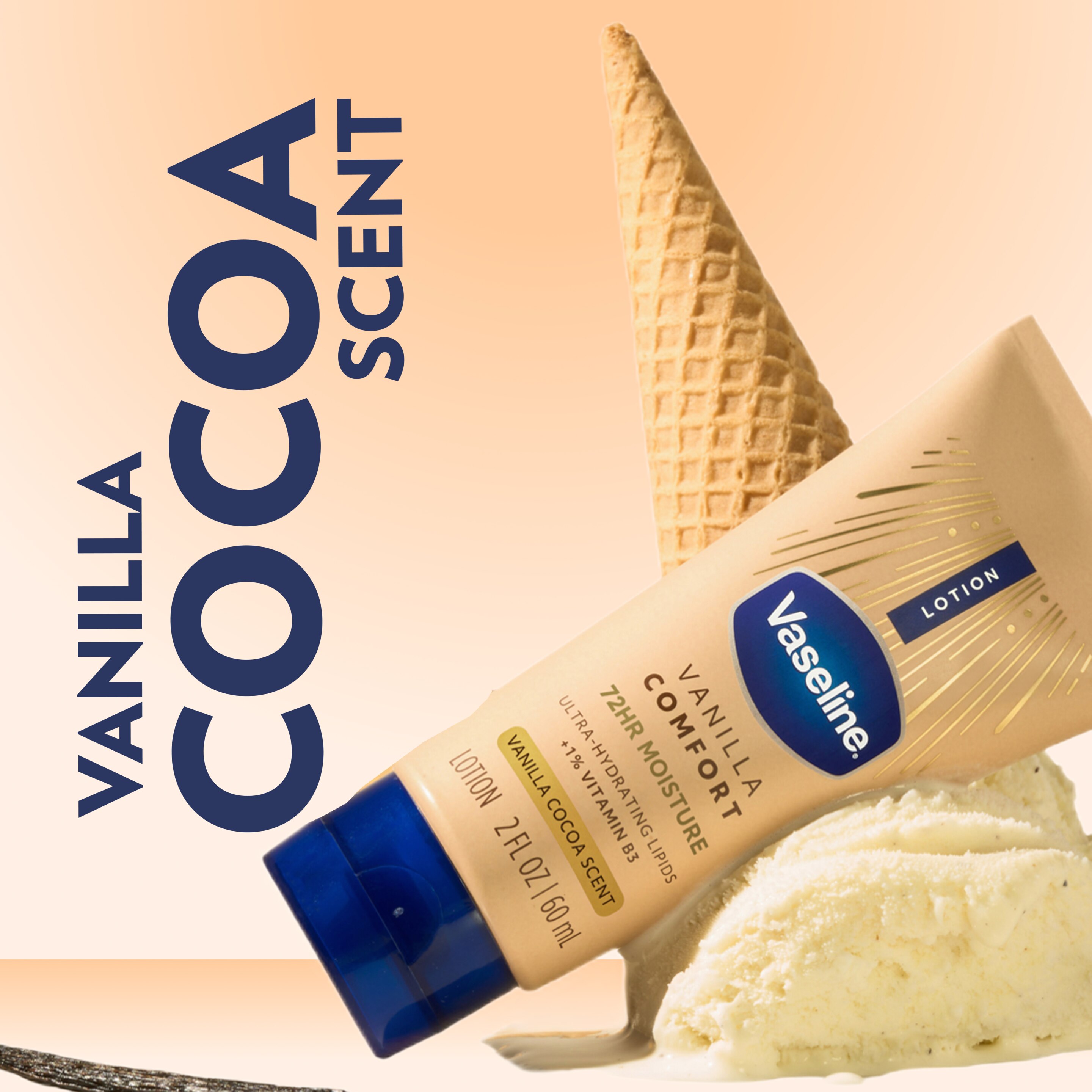 Vaseline® Vanilla Comfort Trial & Travel Lotion displayed with a vanilla ice cream scoop and waffle cone