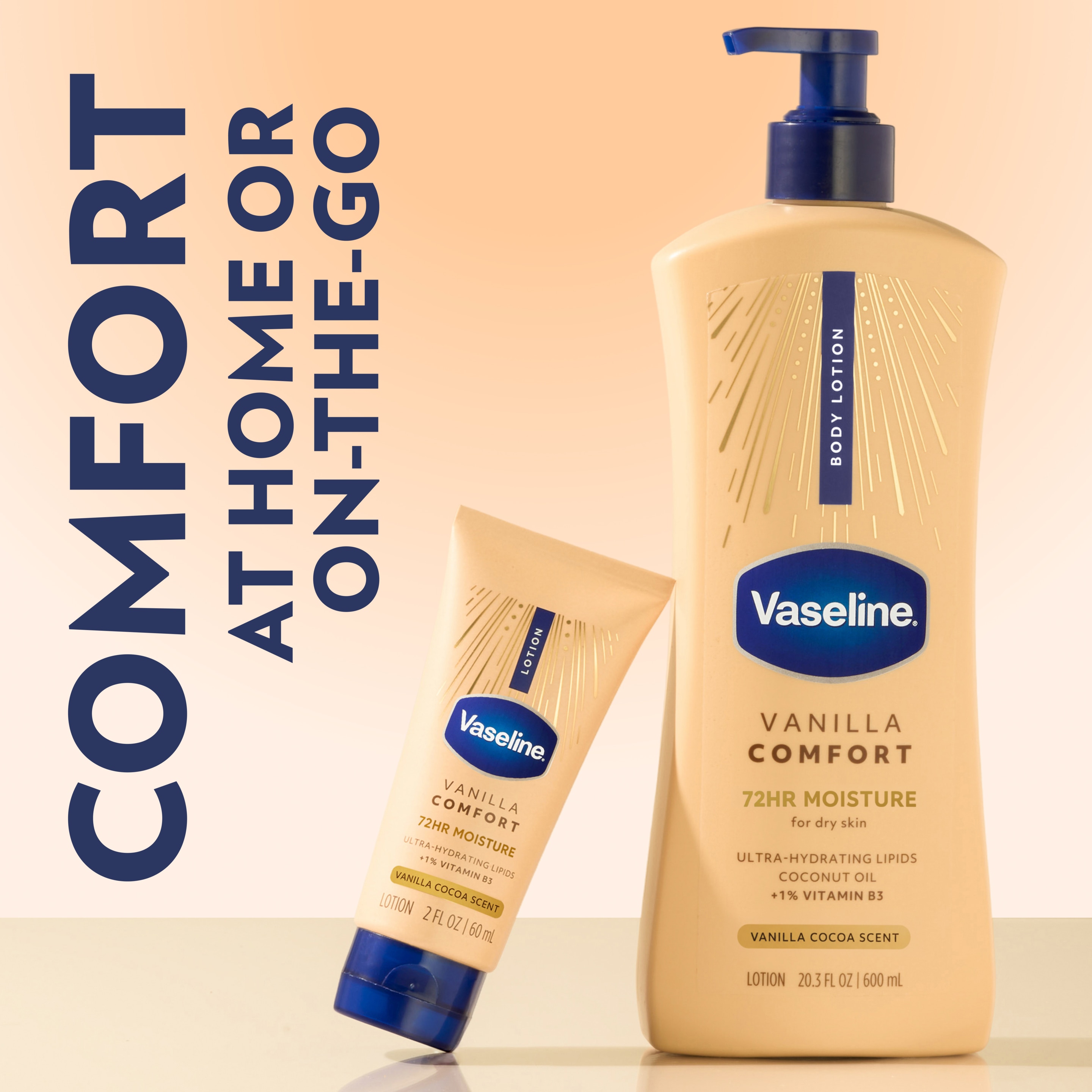 Full-size and travel-size Vaseline Vanilla Comfort lotions displayed together on a soft beige background with text