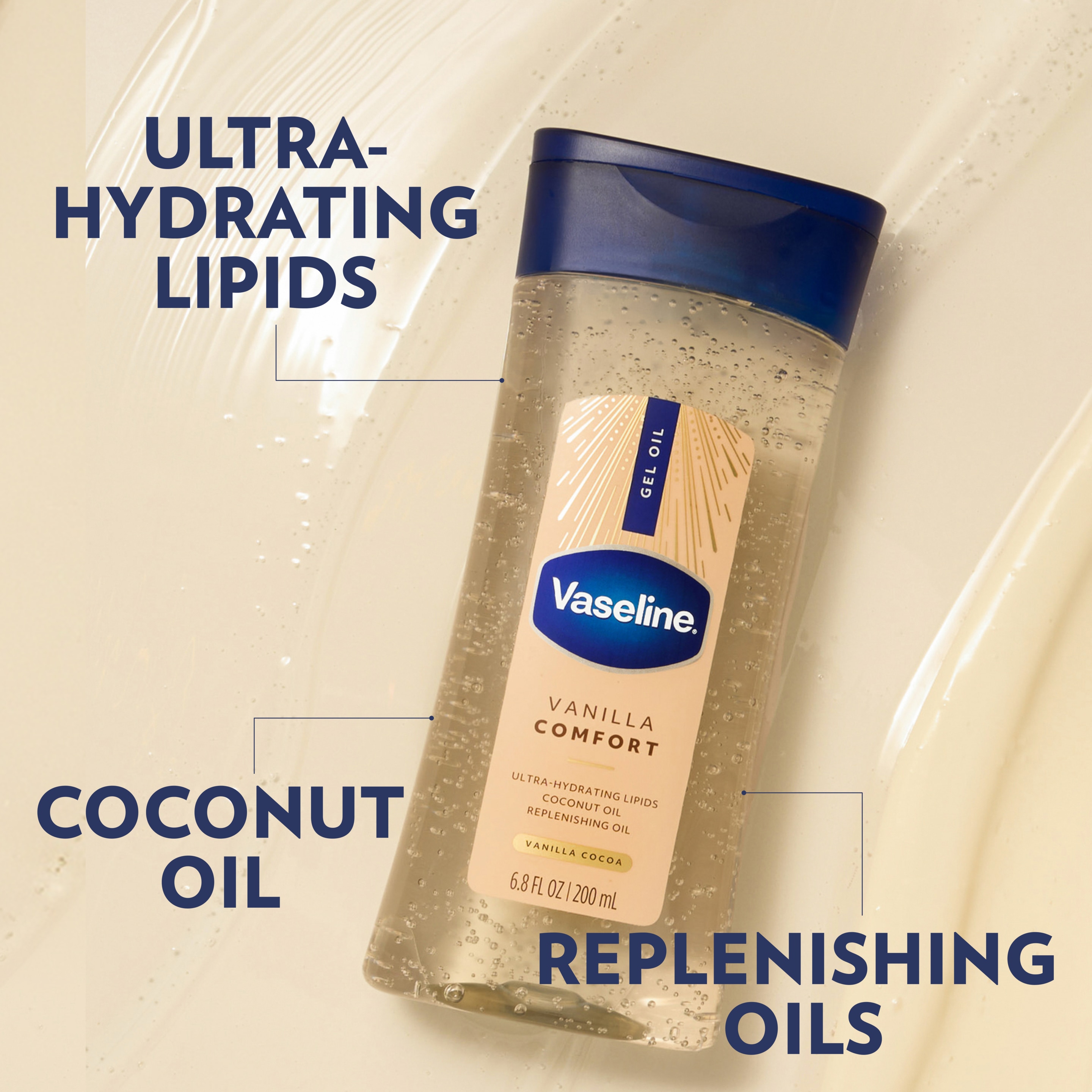 Vaseline Vanilla Comfort Gel Oil bottle displayed on a glossy gel oil background with text