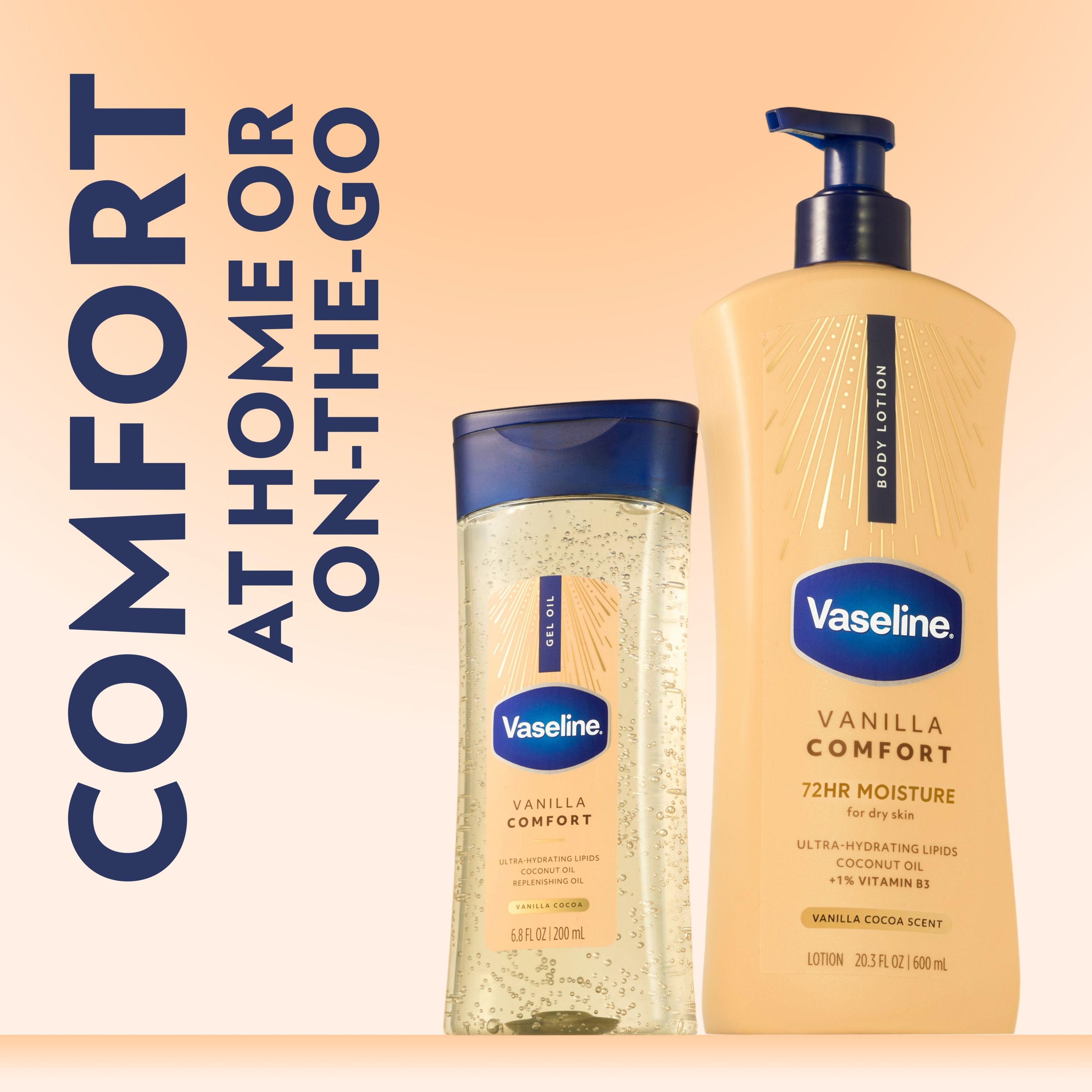 Vaseline Vanilla Comfort Gel Oil and Body Lotion displayed side by side on a soft beige background with text