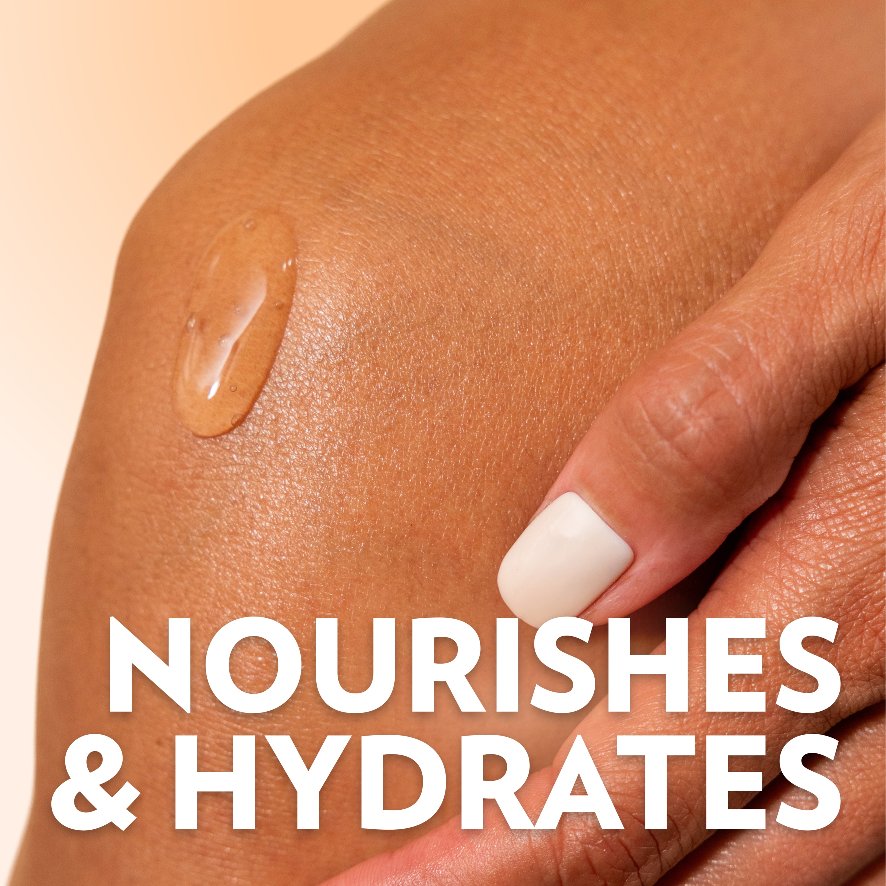 Close-up of a clear gel oil droplet on skin with text