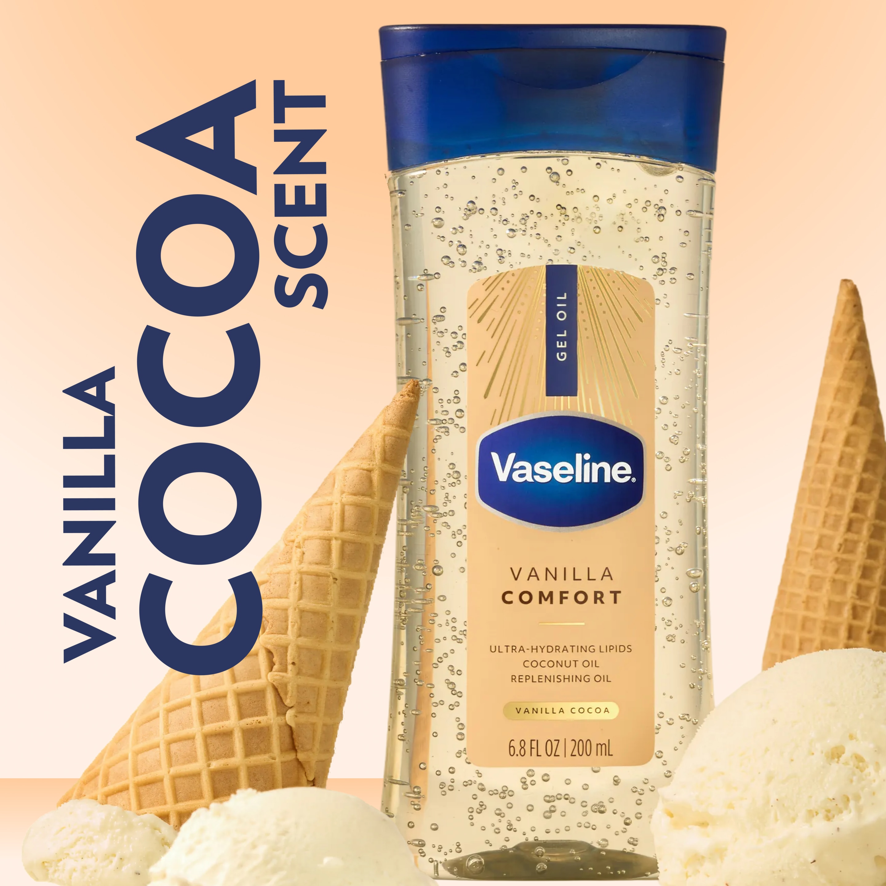 Vaseline Vanilla Comfort Gel Oil displayed with vanilla ice cream scoops and waffle cones with text