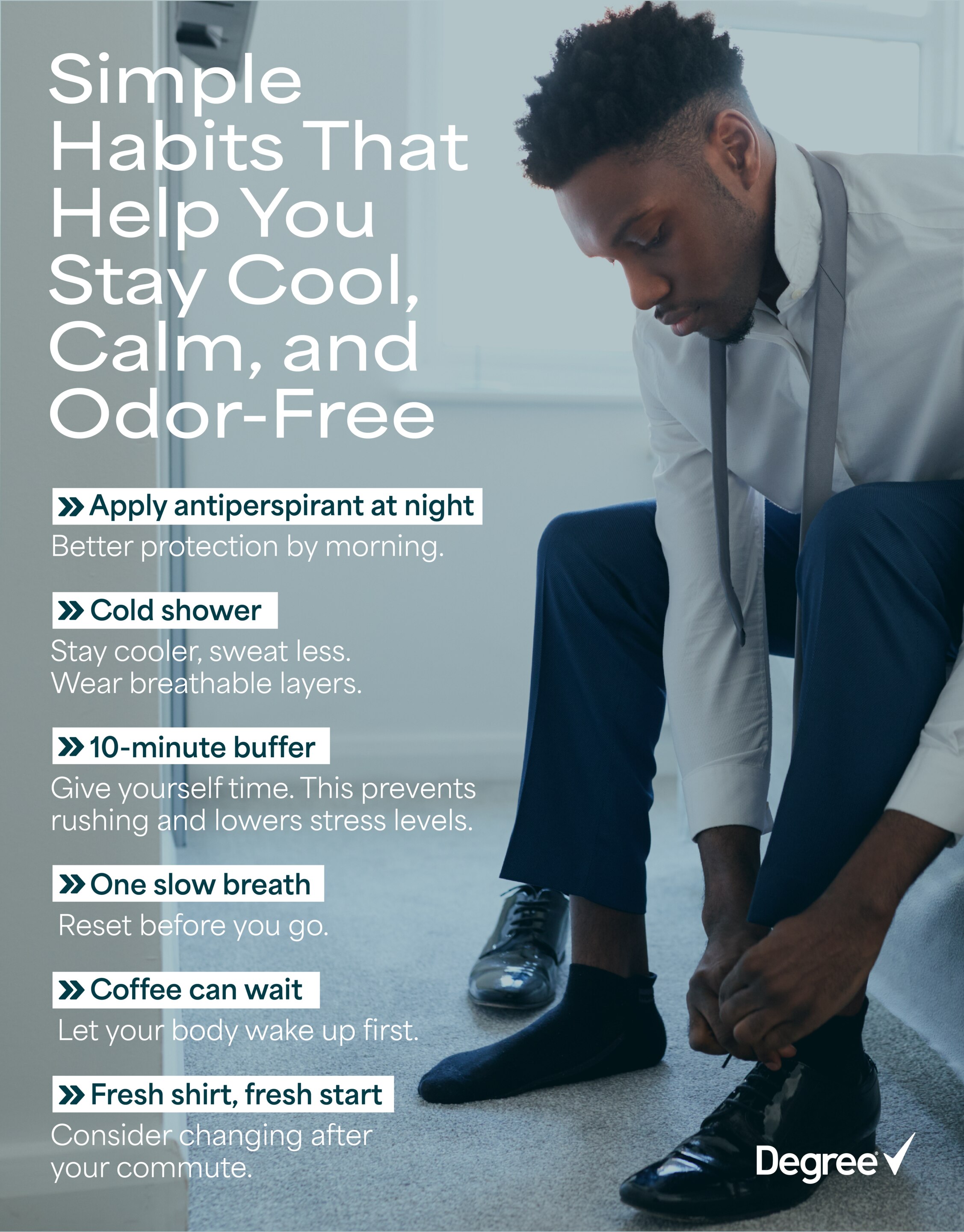 Infographic that explains small routine shifts that lower stress and keep you stress and odor free