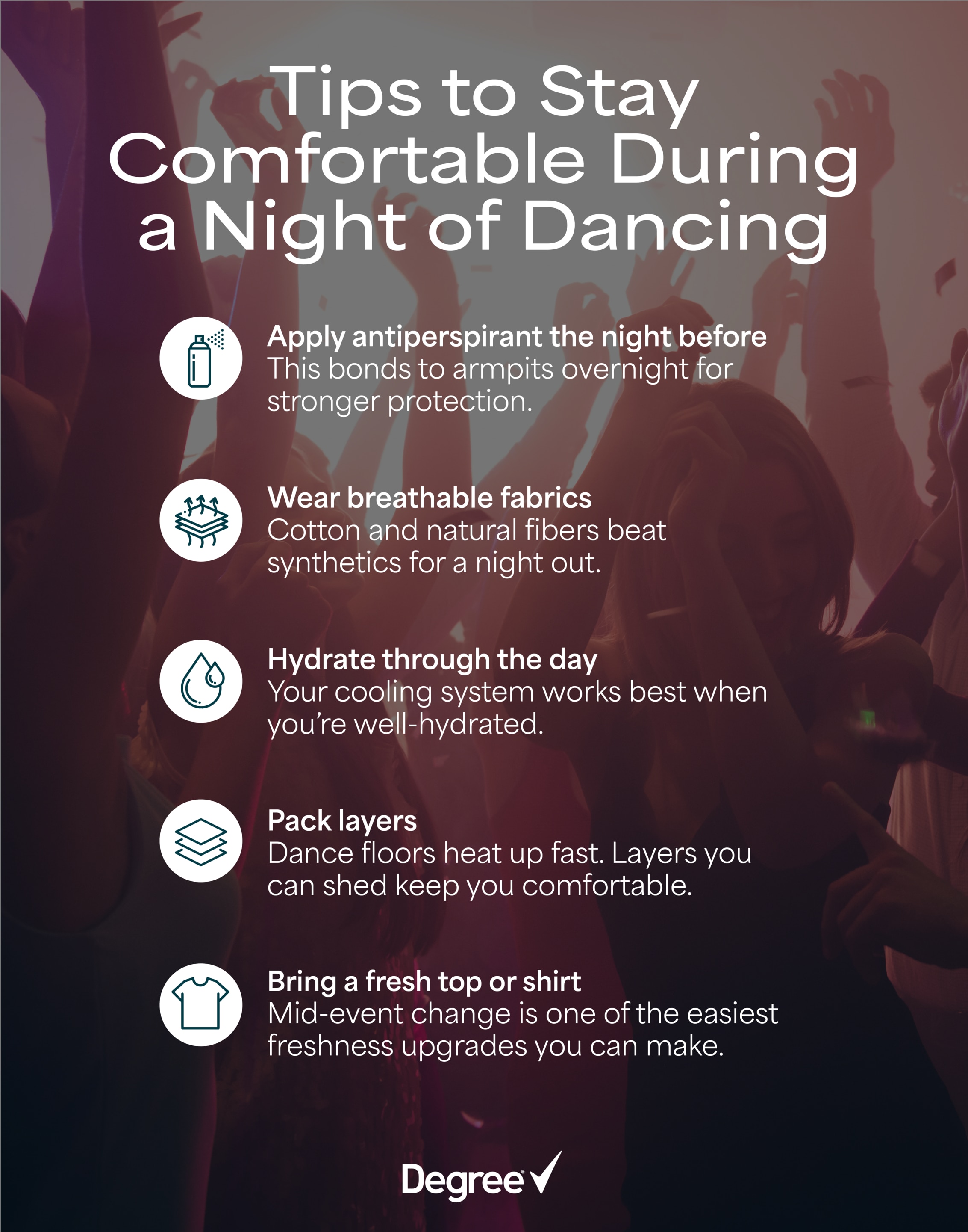 Infographic with tips to stay comfortable during a night of dancing