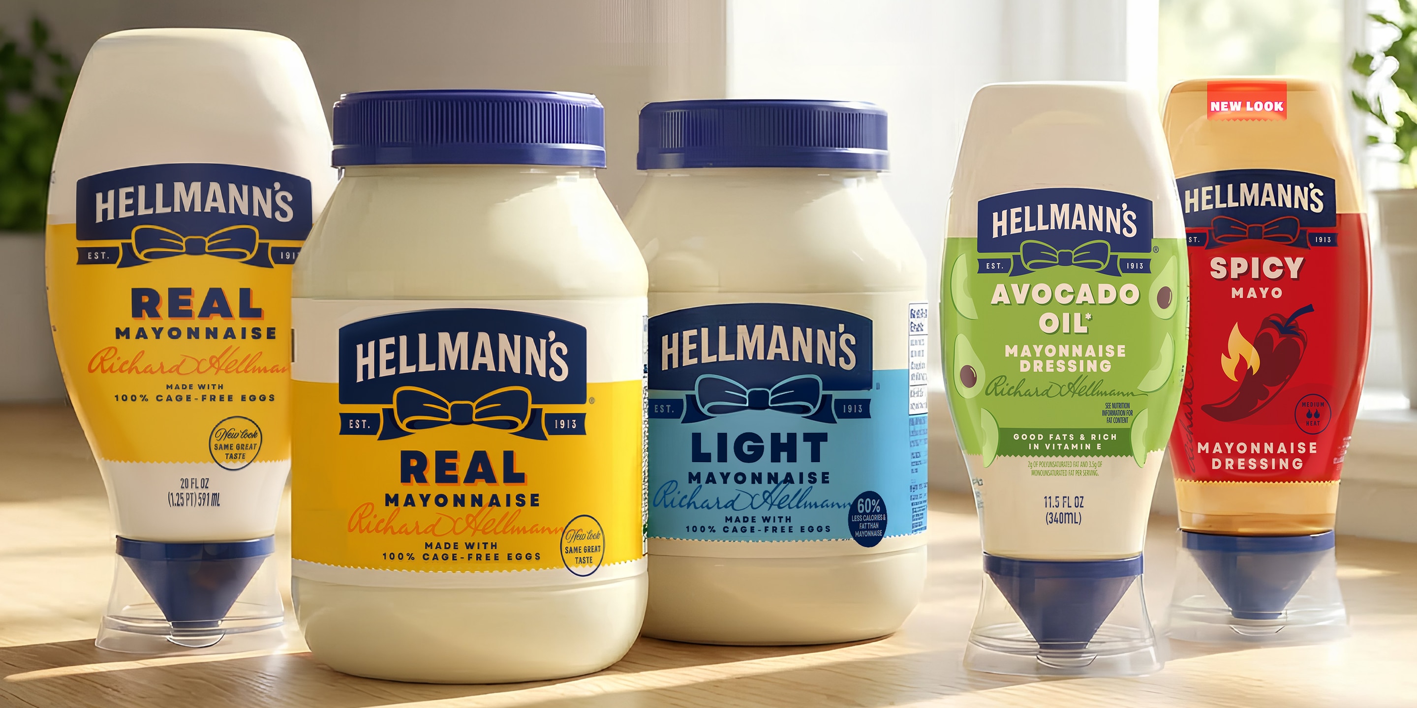 Hellmann's mayonnaise range displayed on a countertop.