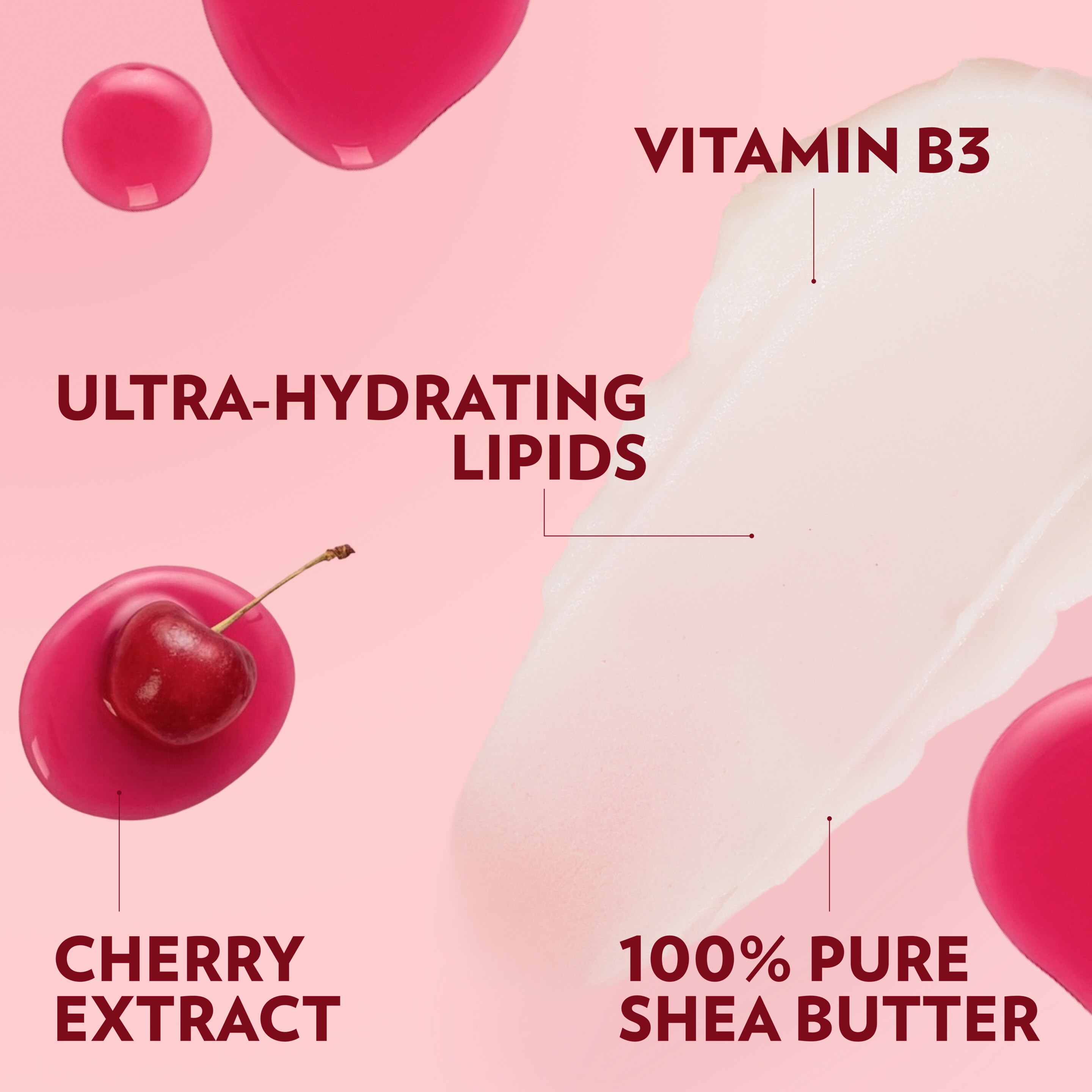 A close-up of Cherry Aura ingredients, including cherry extract, ultra-hydrating lipids, vitamin B3, and 100% pure shea butter