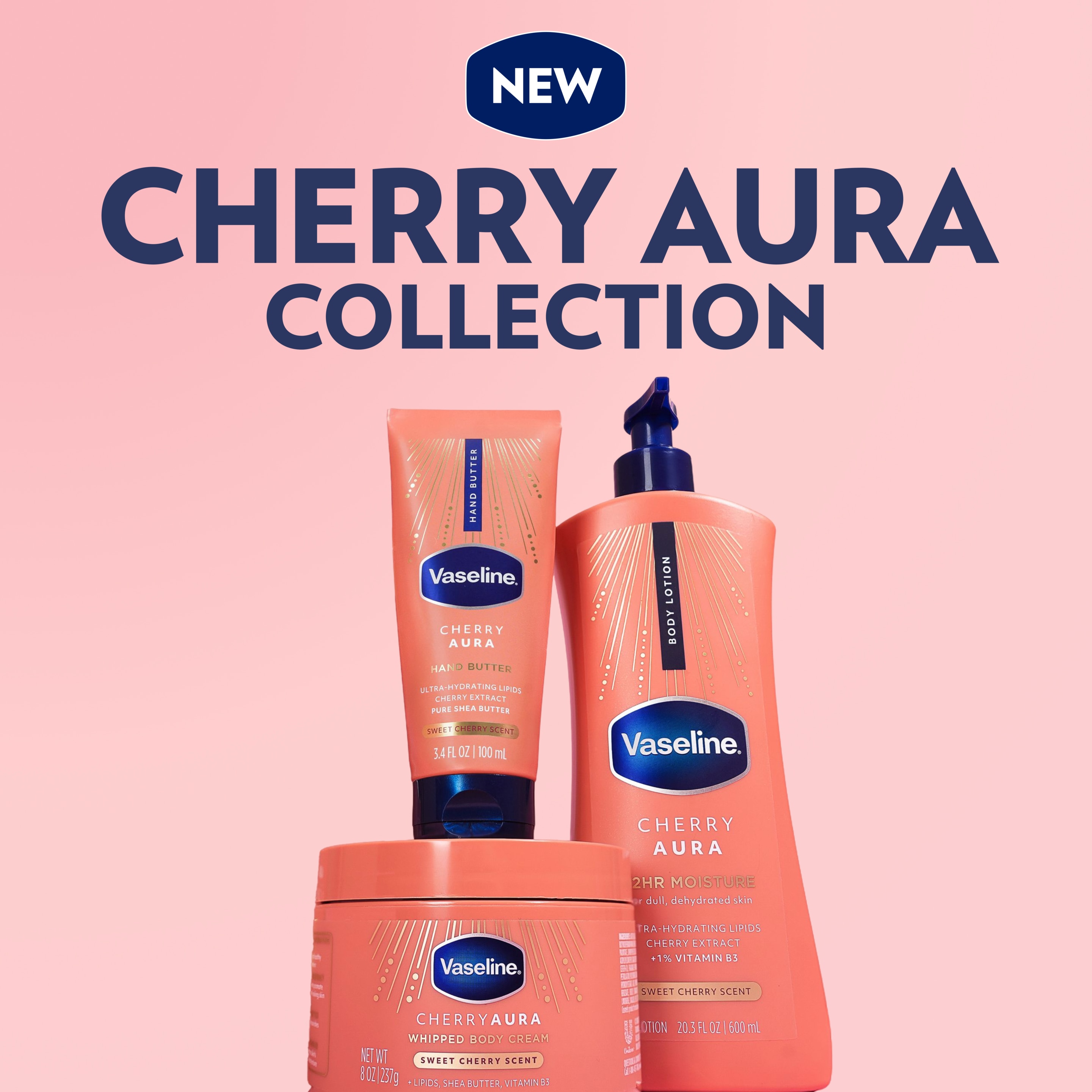 Vaseline’s Cherry Aura collection, featuring hand butter, body lotion, and whipped body cream, displayed on a soft pink background with text