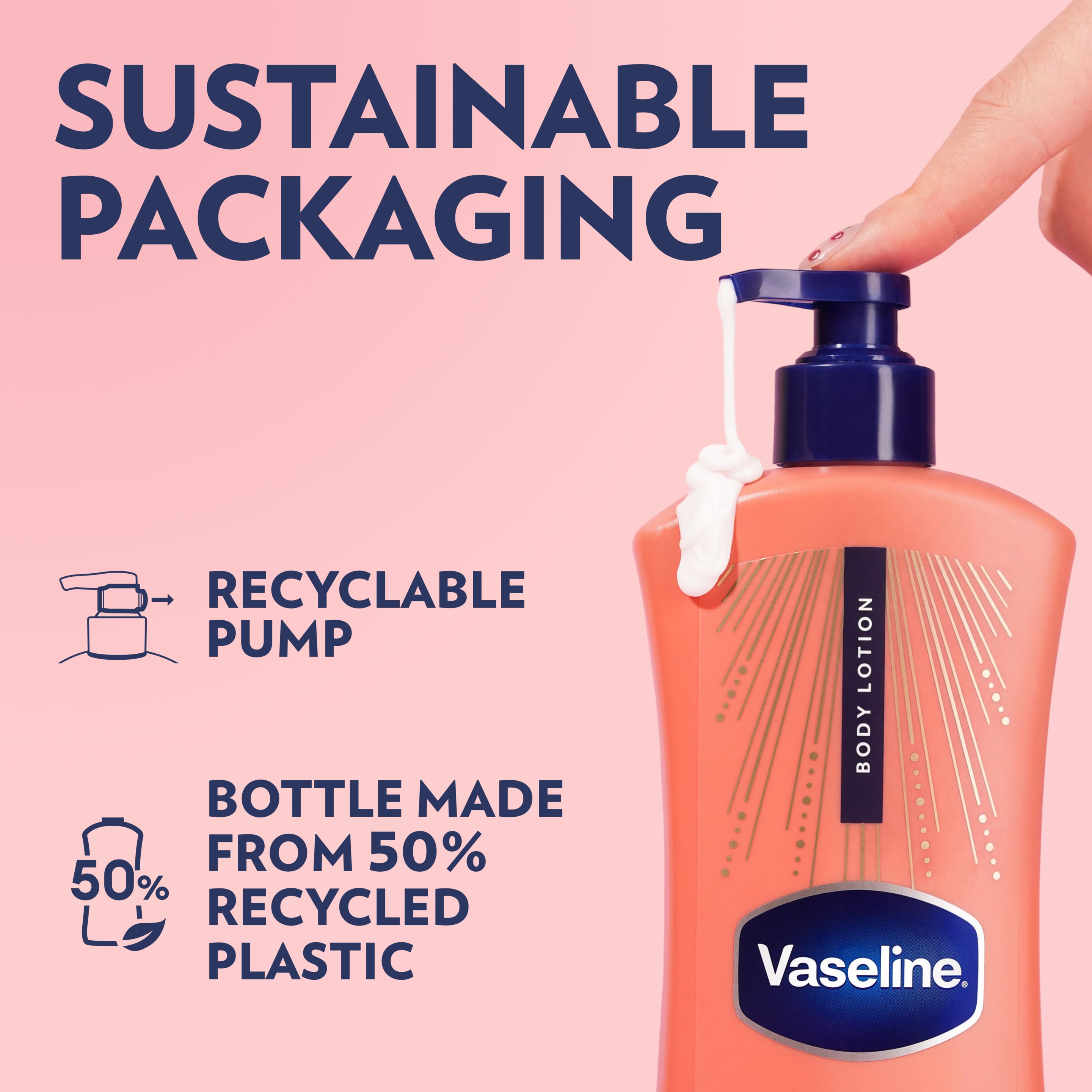 Pink Vaseline body lotion bottle with a recyclable pump and 50% recycled plastic packaging message