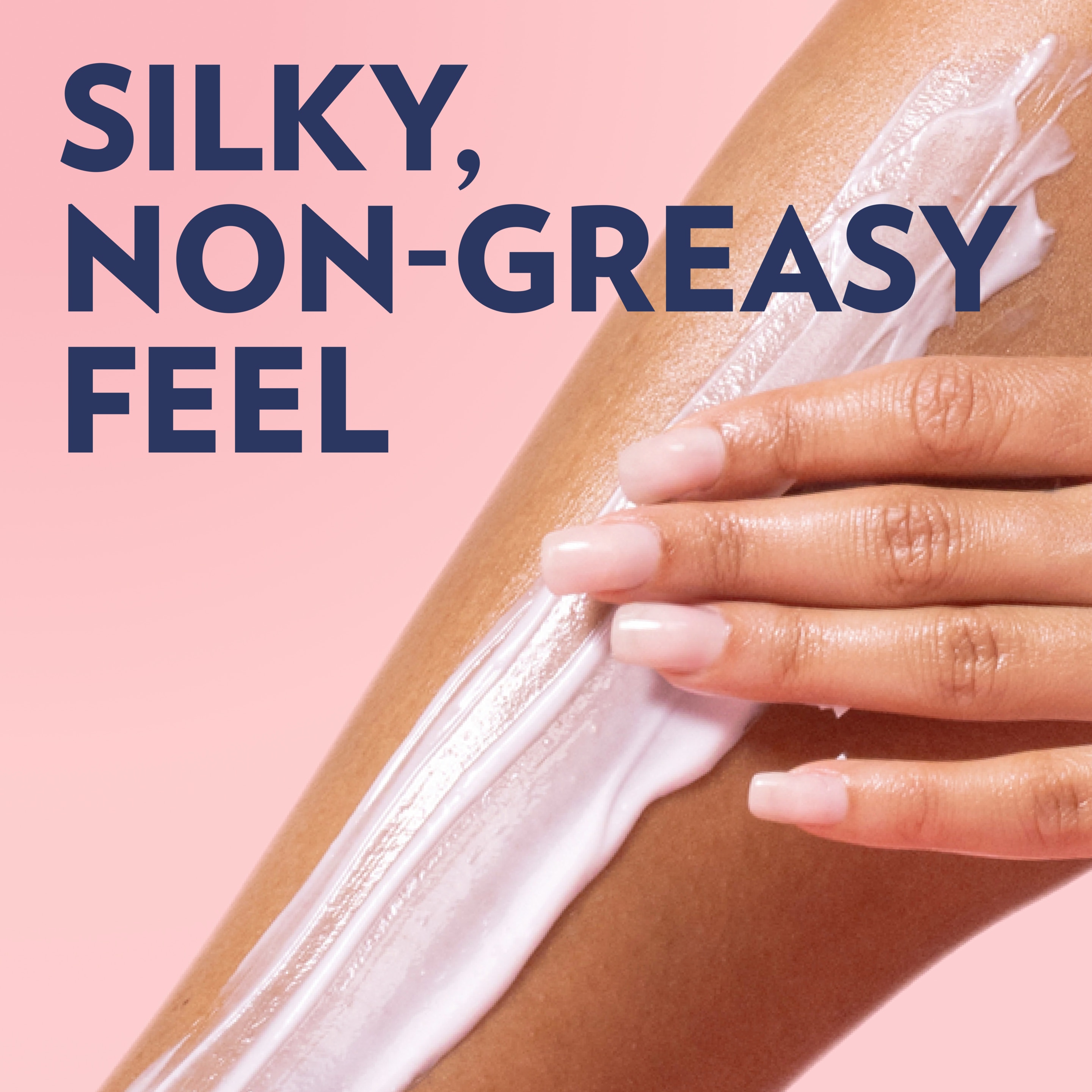Close-up of a hand spreading lotion on an arm, with text