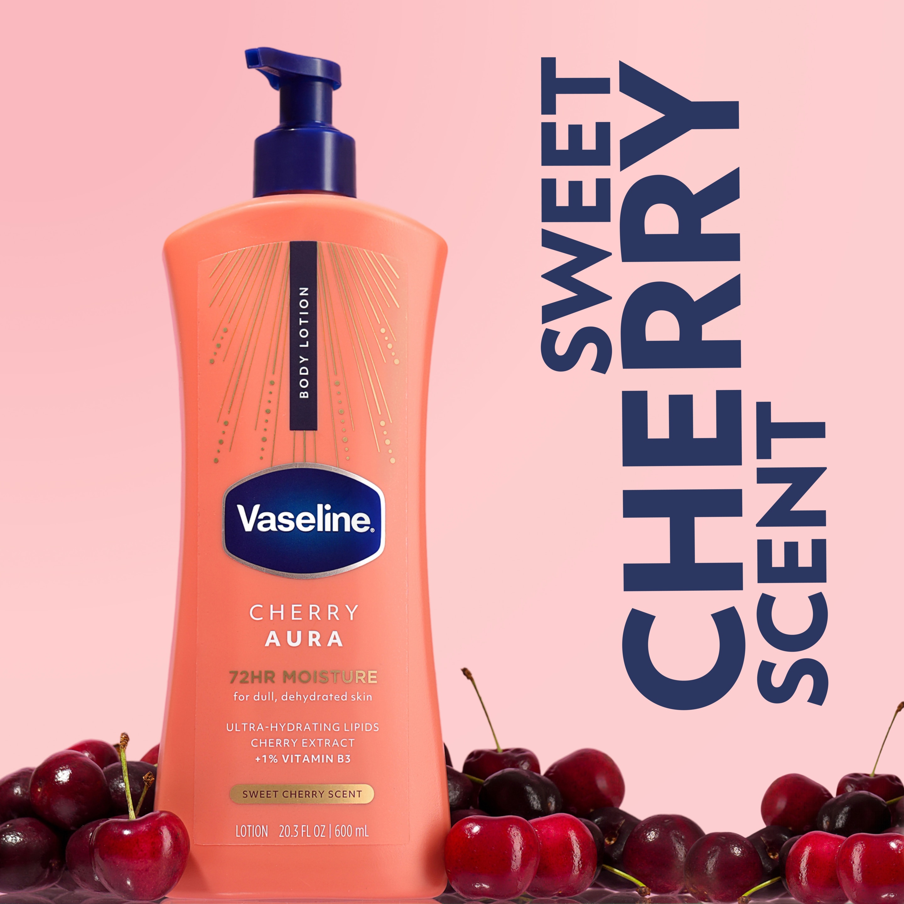 Vaseline Cherry Aura body lotion bottle surrounded by fresh cherries, with text