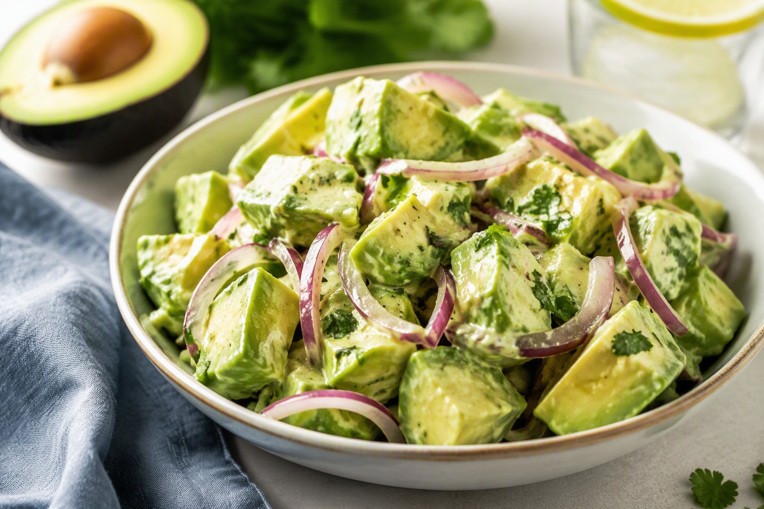 Close-up of a creamy avocado salad with red onion slices and fresh herbs, presented in a serving bowl.