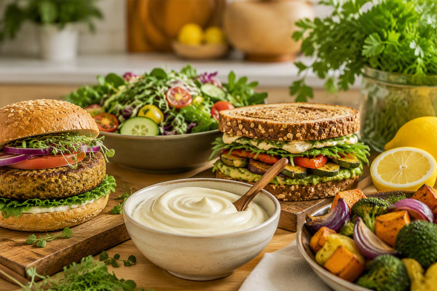 Vegetarian sandwiches and burgers served with creamy mayonnaise and fresh vegetables.