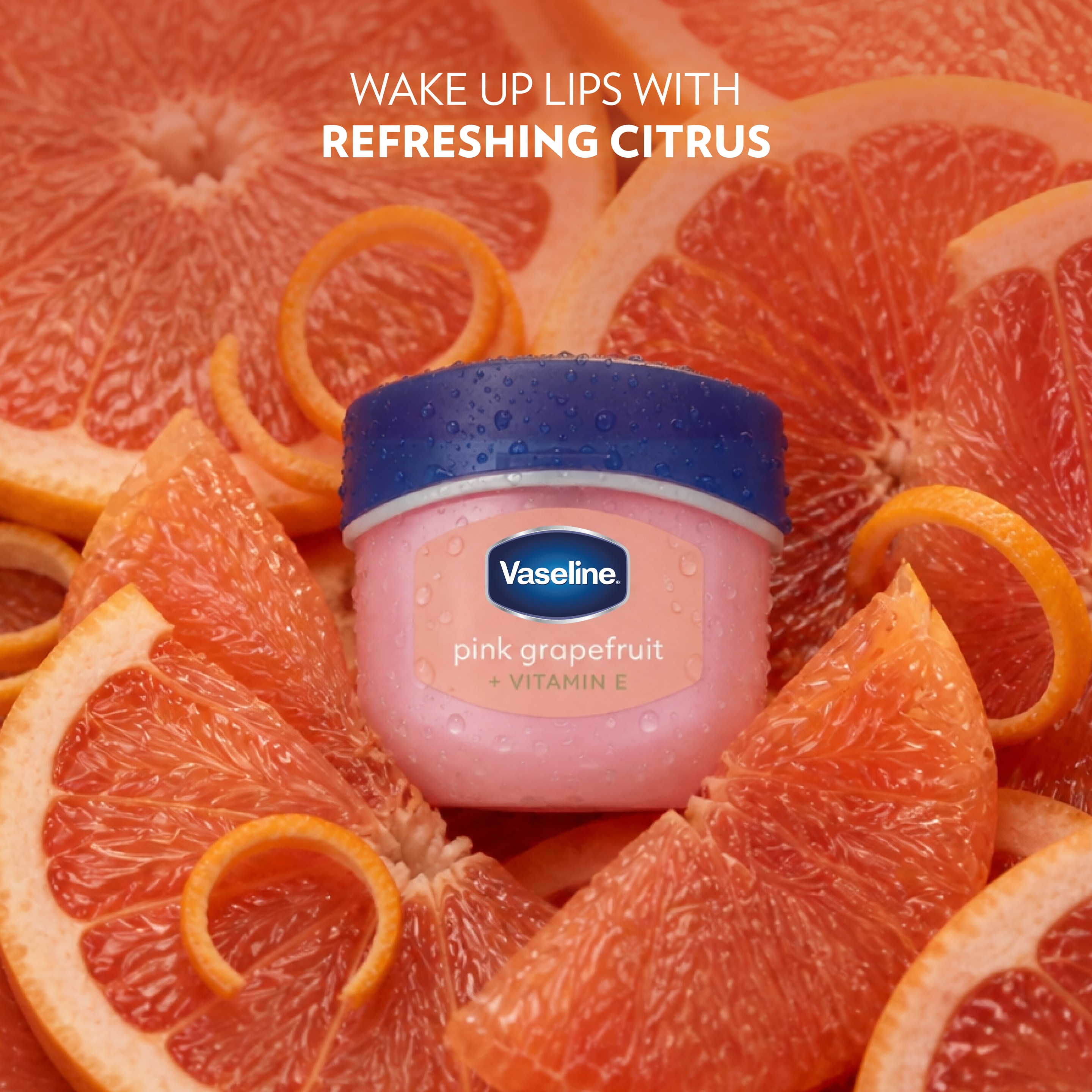 A container of Vaseline Lip Therapy Jelly Pink Grapefruit + Vitamin E is displayed among fresh grapefruit slices and peel curls, with text