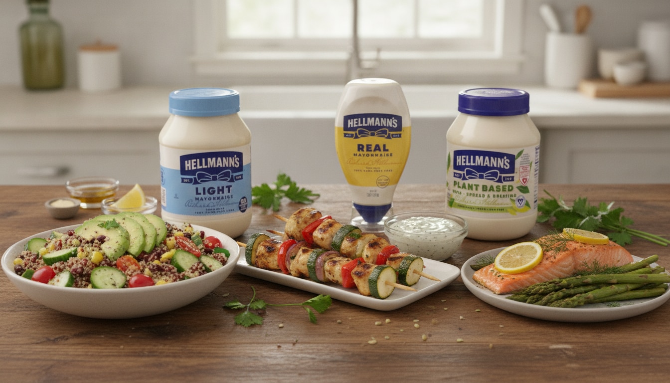 Hellmann's Real, Light, and Plant Based mayonnaise products served with healthy dishes including salad, vegetable skewers, and salmon