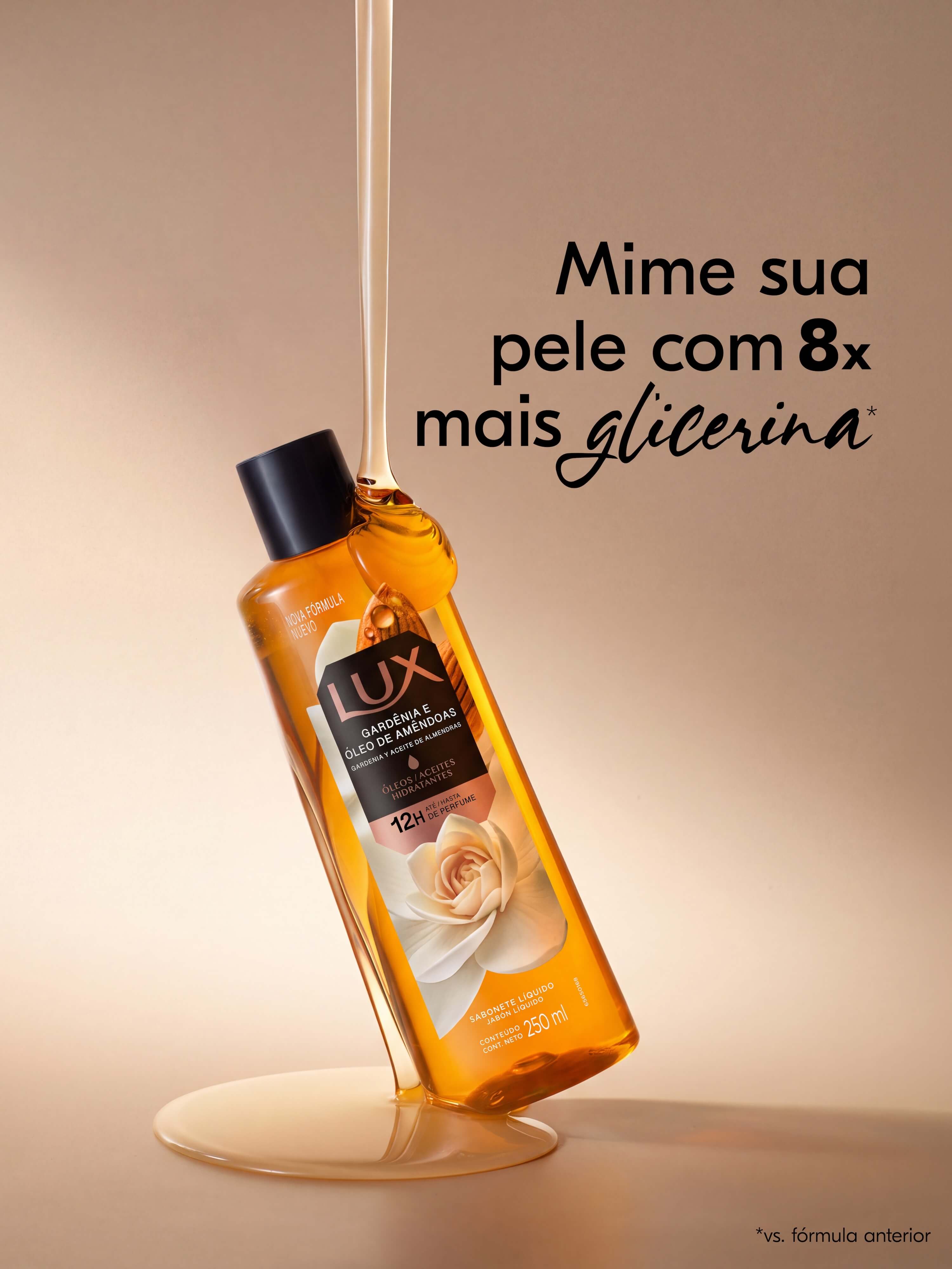Embalagem do Sabonete Líquido LUX Gardênia e Óleo de Amêndoas com a frase "mime sua pele com 8x mais glicerina" em destaque