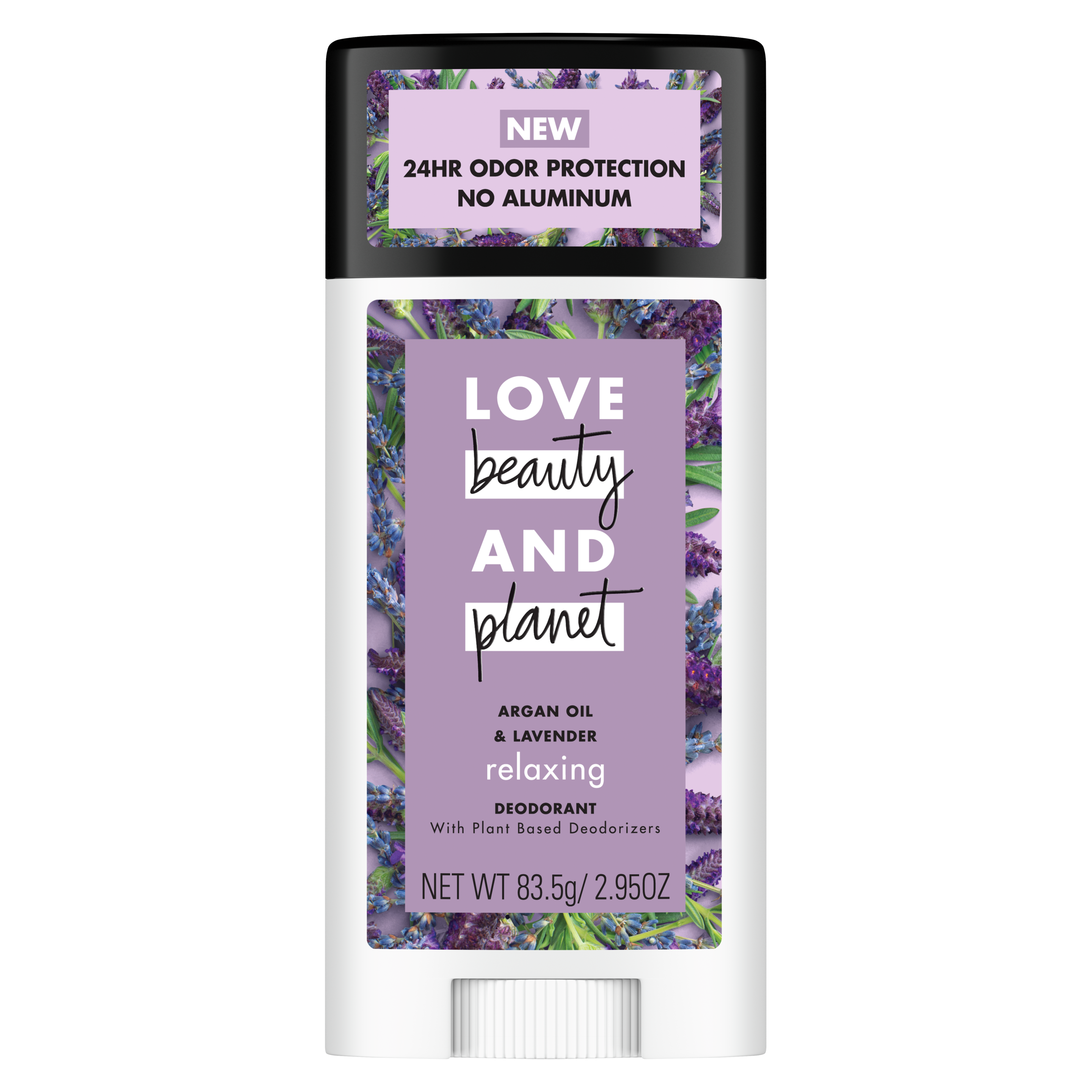 Frente da embalagem do creme desodorante Love Beauty and Planet óleo de argan & lavanda 83.5