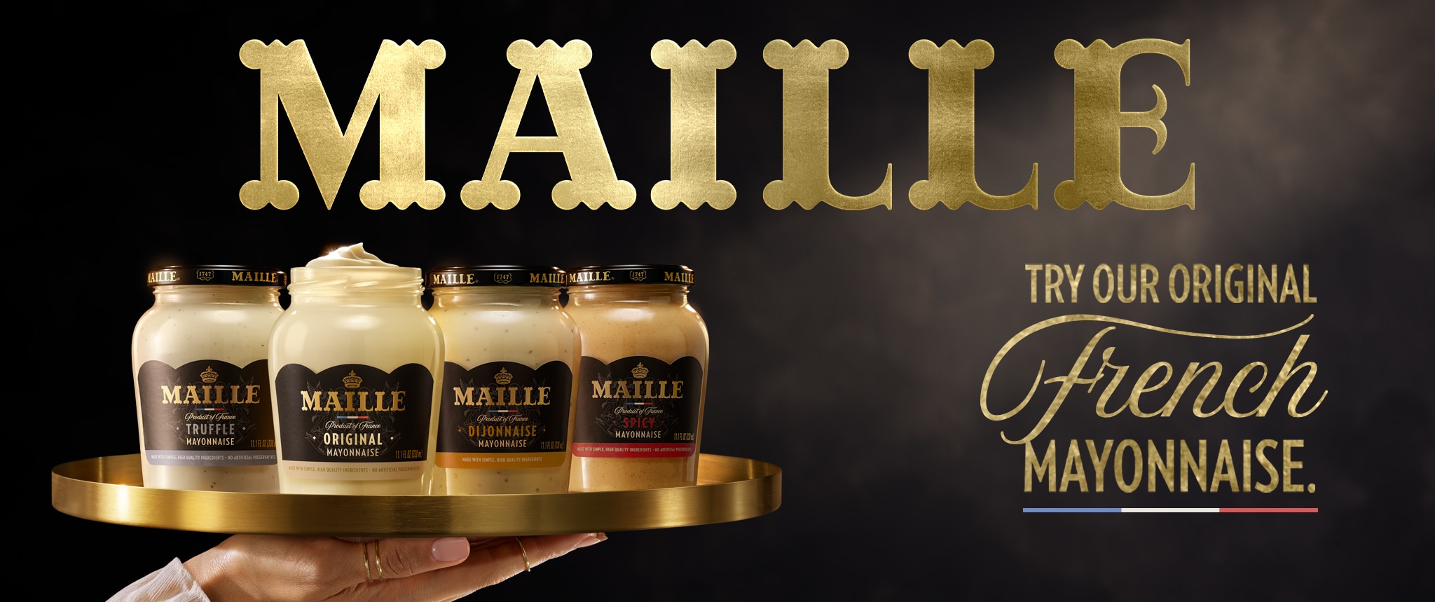 Maille Mayonnaise homepage banner featuring 4 mayonnaises on a tray.