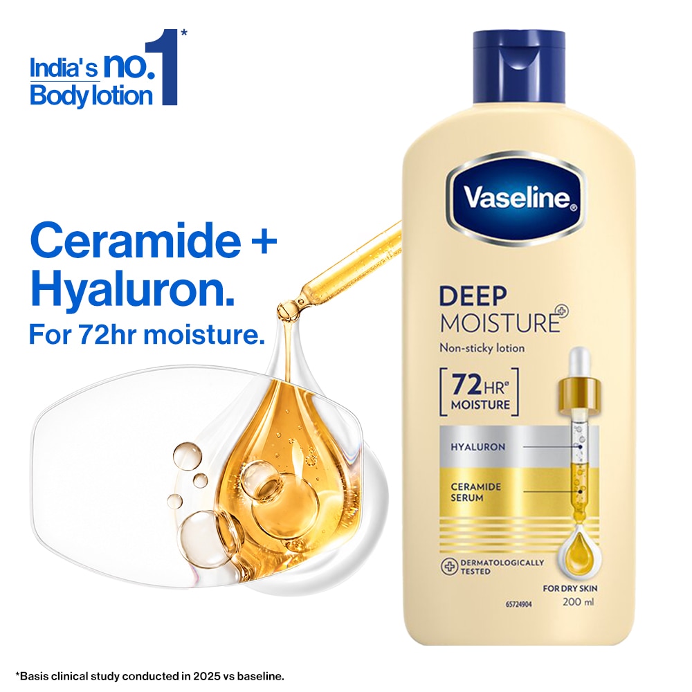Vaseline Deep Moisture Body Lotion, For Dry Skin, Moisturised Glowing Skin, Pro Ceramides, 200 ml packshot