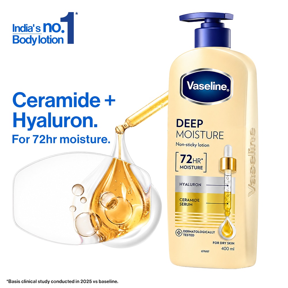 Vaseline Deep Moisture Body Lotion, For Dry Skin, Moisturised Glowing Skin, Pro Ceramides, 400 ml packshot