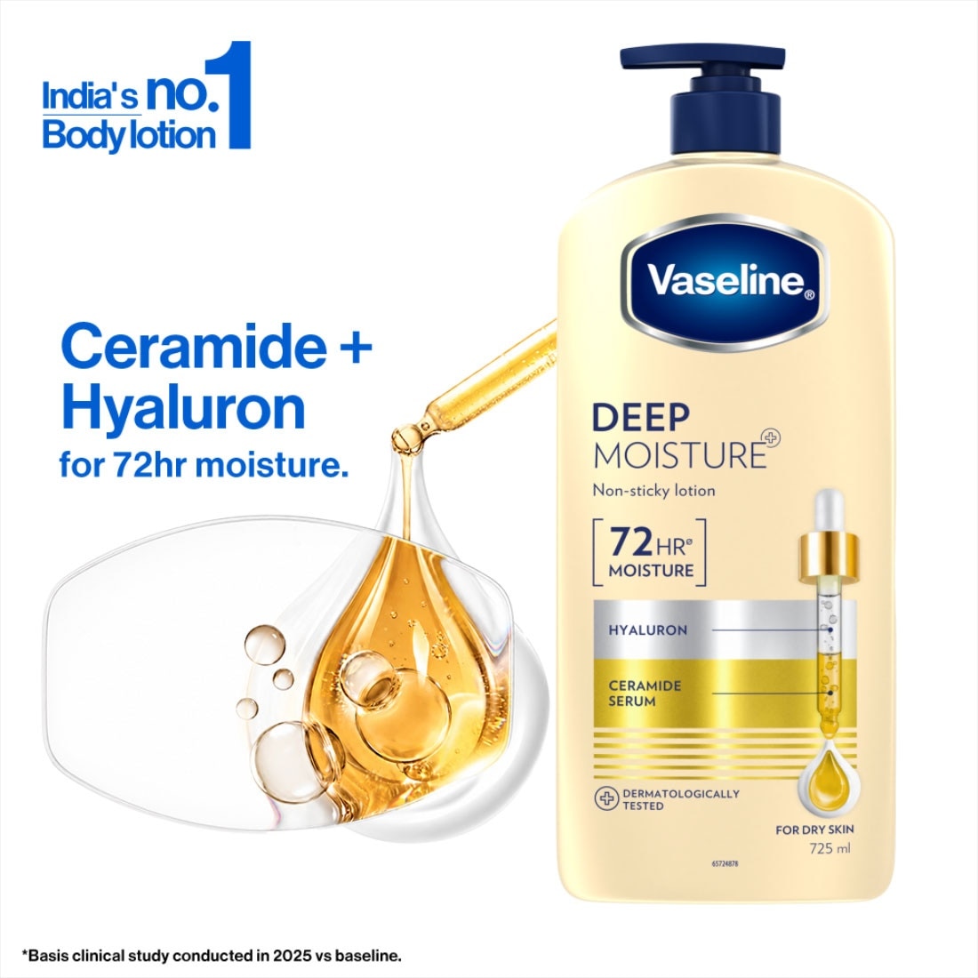 Vaseline Deep Moisture Body Lotion, For Dry Skin, Moisturised Glowing Skin, Pro Ceramides, 725 ml packshot