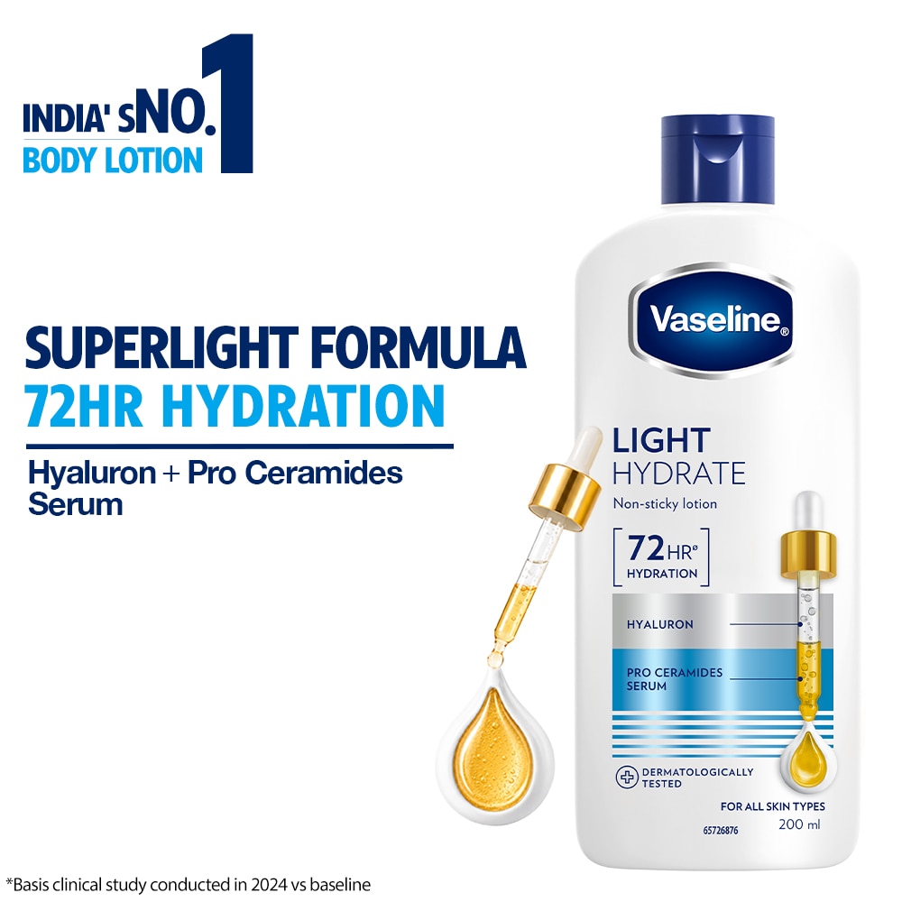 Vaseline Light Hydrate 48hr Serum-in-Lotion with Hyaluron Lightweight Moisturiser 200 ml packshot