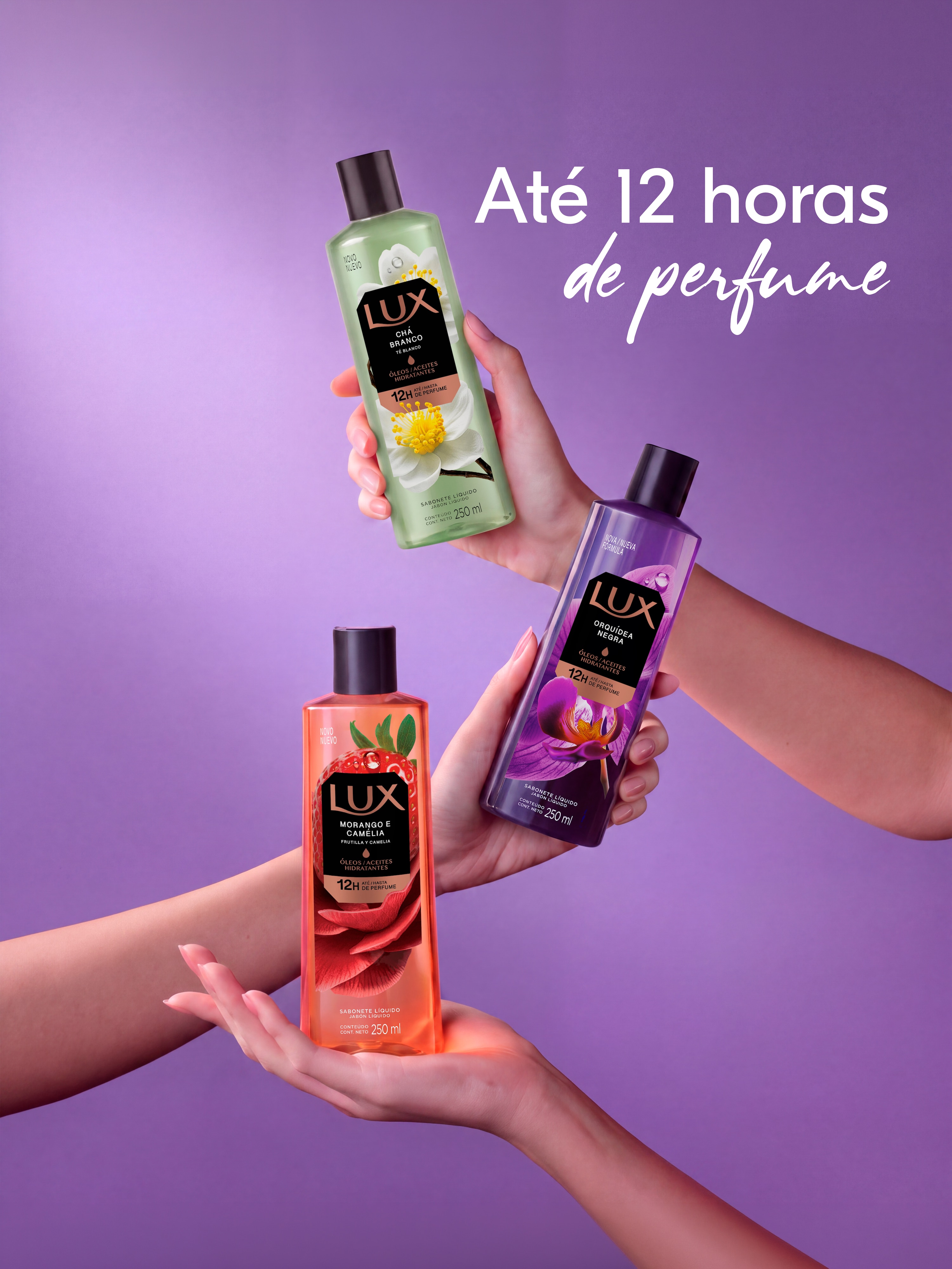 Mãos segurando os diversos sabonetes líquidos de LUX