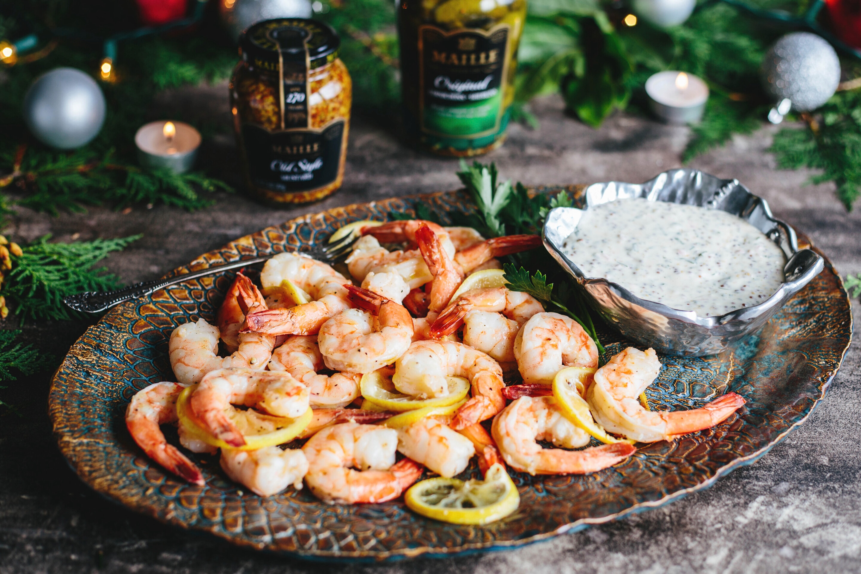 Roasted Shrimp Cocktail with Maille Old Style Mustard Sauce