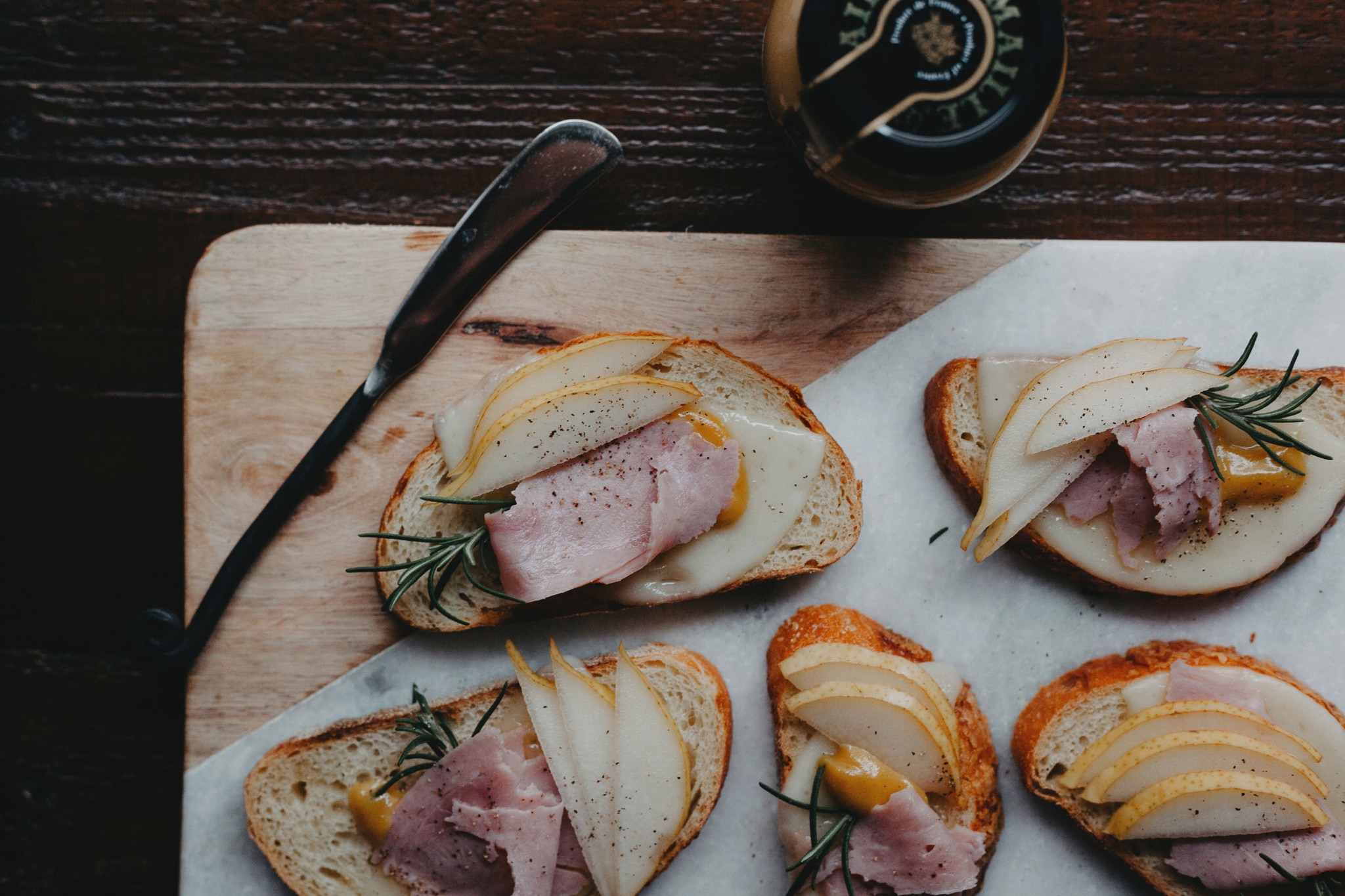 Pear and Ham Honey Mustard Holiday Crostini