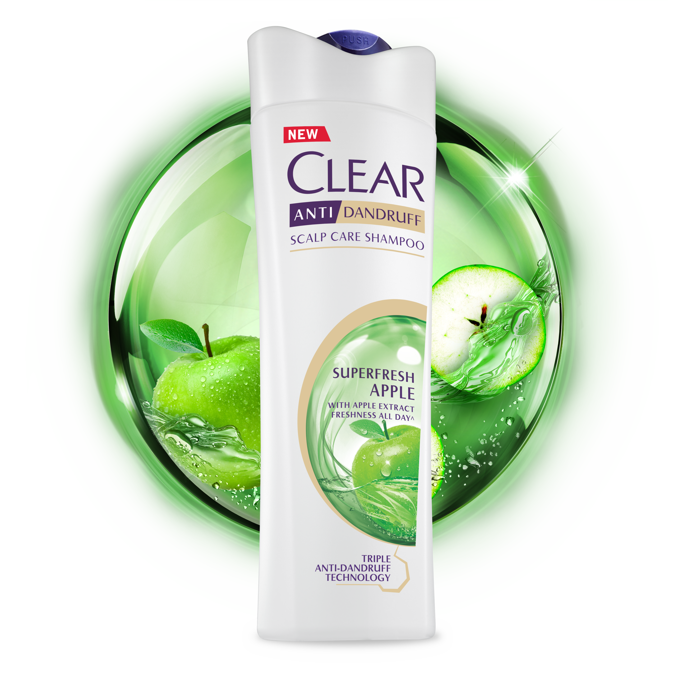 Front of shampoo pack Clear Superfresh Apple Anti-Dandruff Shampoo 170ml
