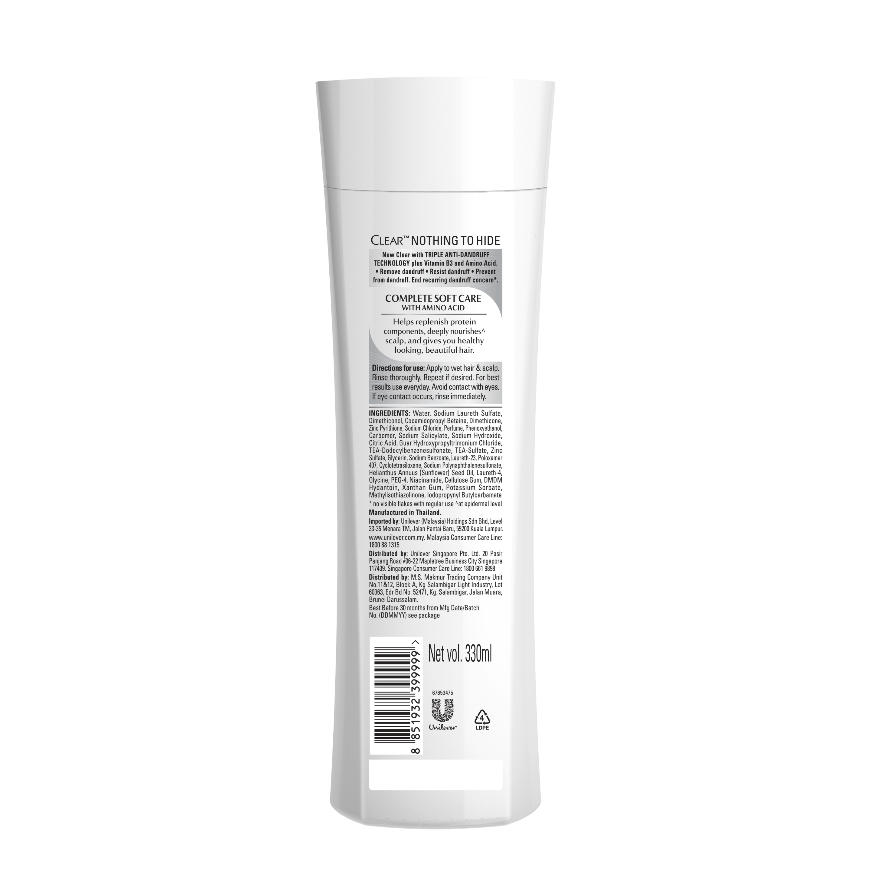 Back of shampoo pack Clear Complete Soft Care Anti-Dandruff Shampoo 70ml