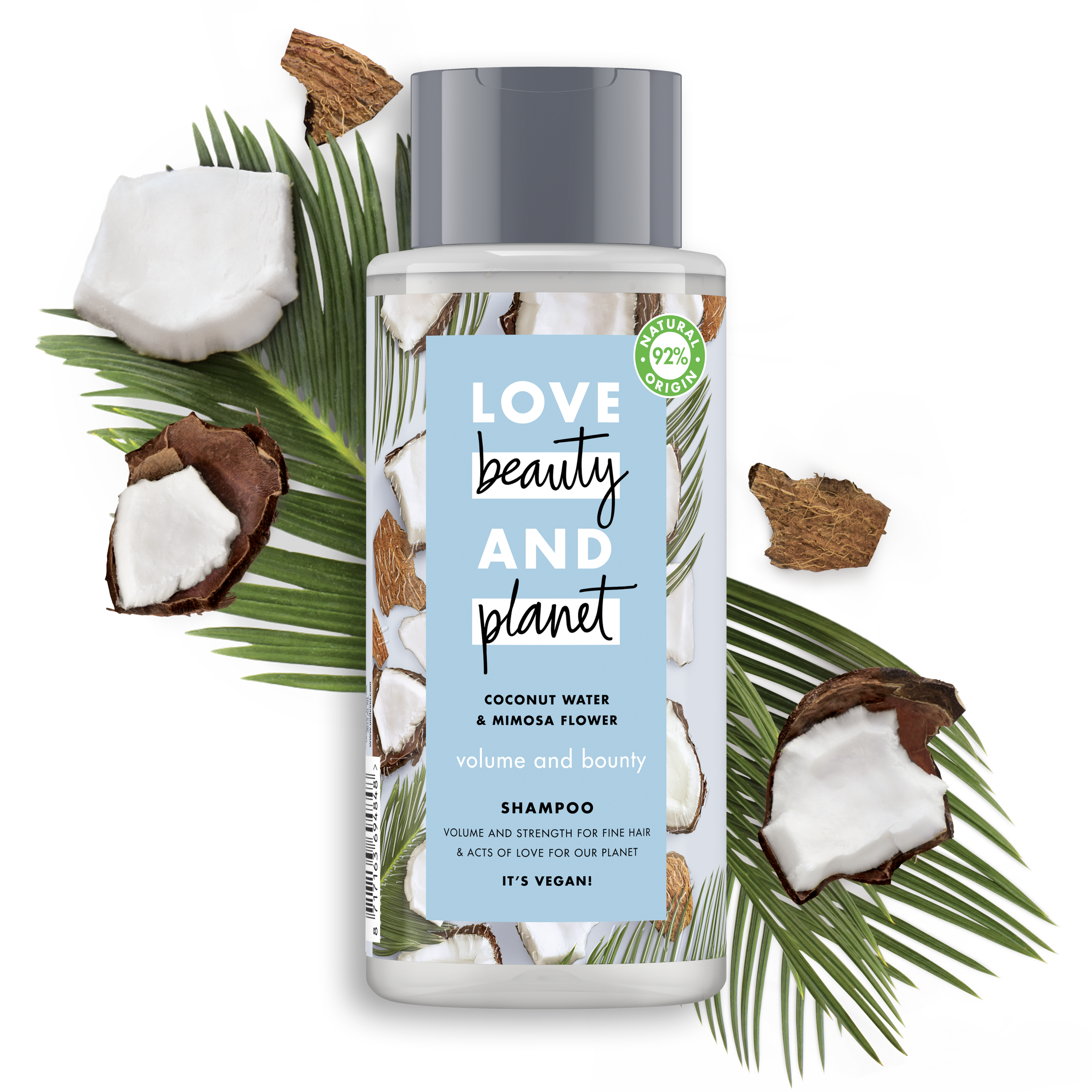 Forsiden av sjampoflasken Love Beauty Planet Coconut Water & Mimosa Flower Shampoo  Volume & Bounty 400ml