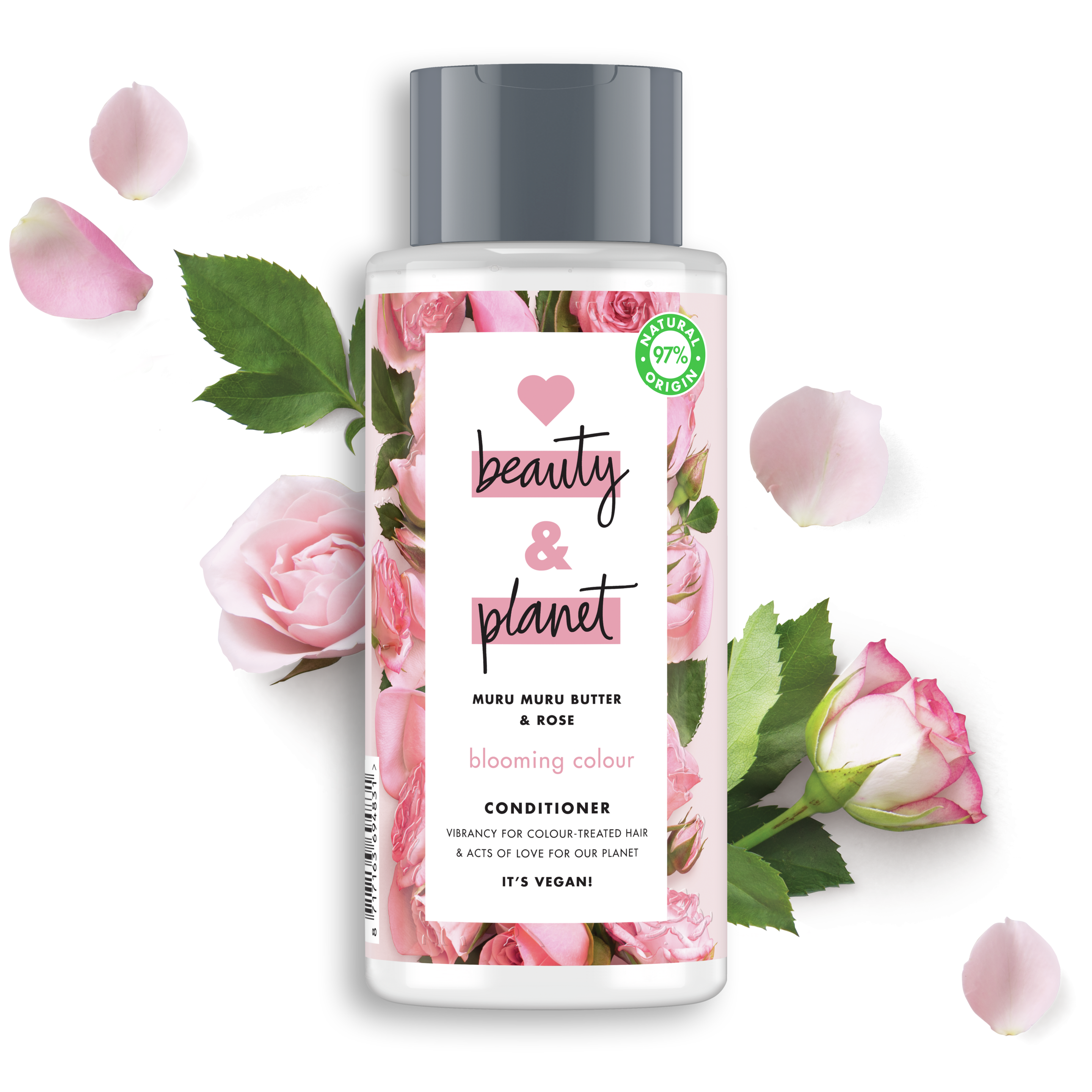 Forsiden av balsamflasken Love Beauty Planet Muru Muru Butter & Rose Conditioner Blooming Colour 400ml