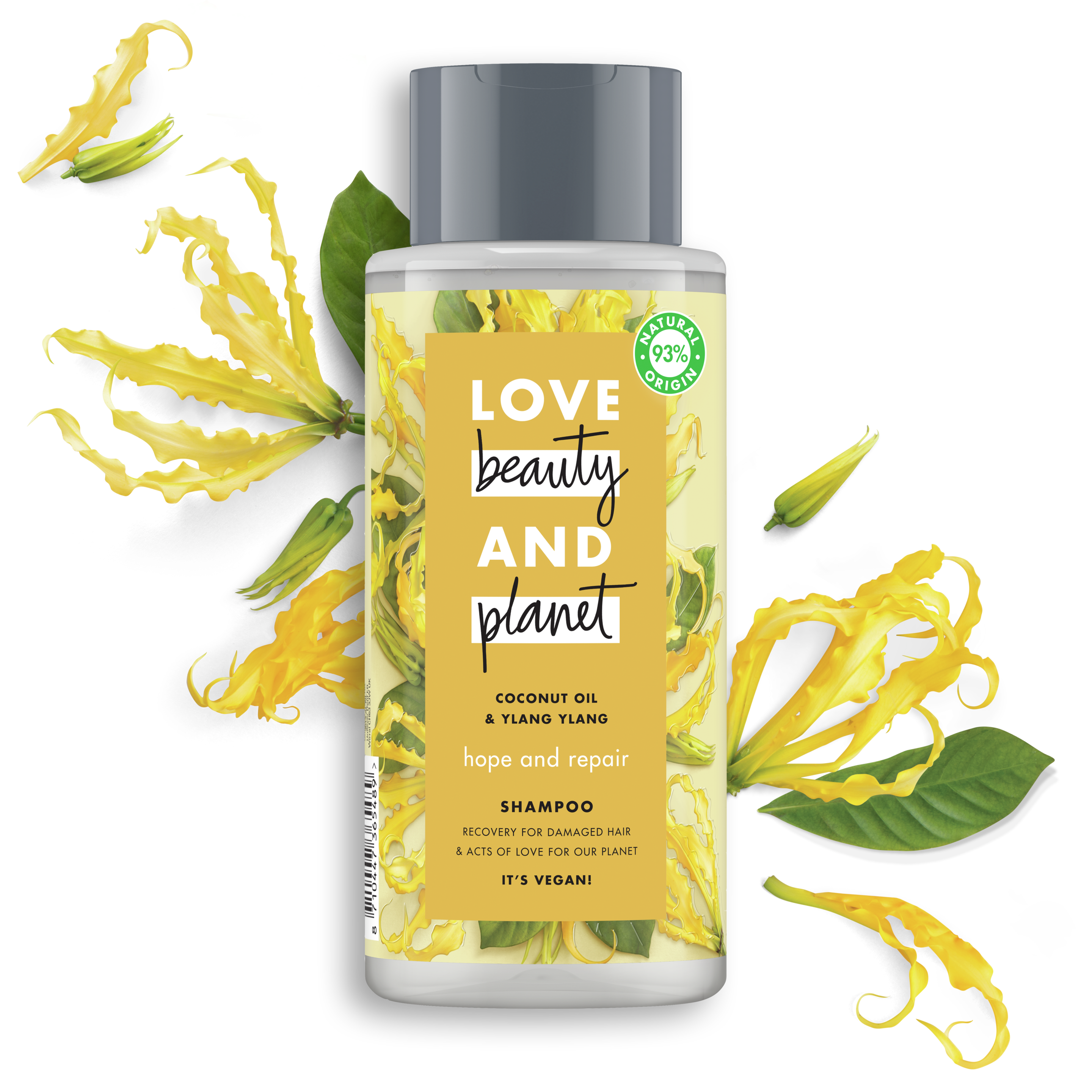 Forsiden av sjampoflasken Love Beauty Planet Coconut Oil & Ylang Ylang Shampoo Hope & Repair 400ml Text
