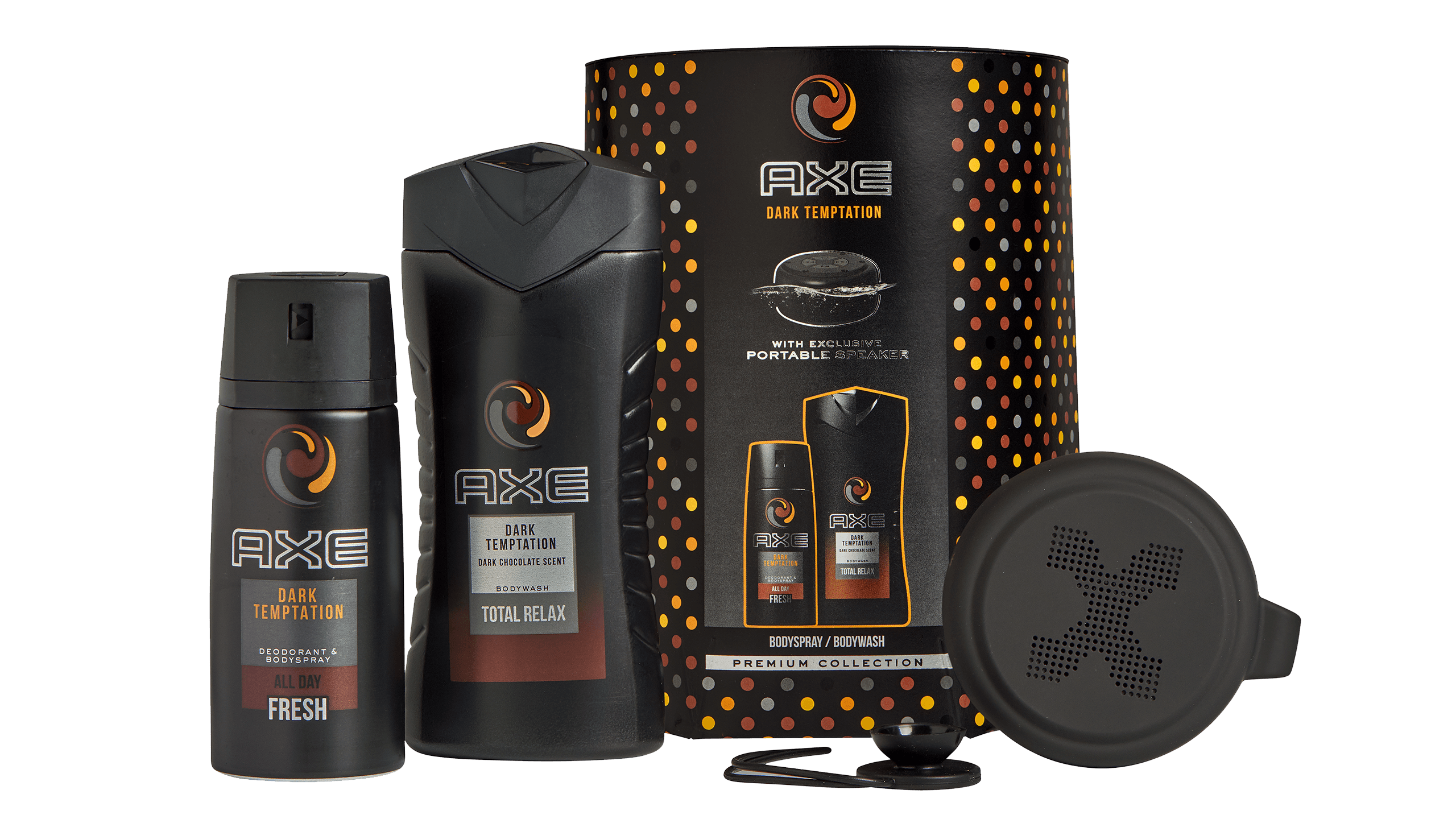 AXE Dark Temptation portable speaker with products.