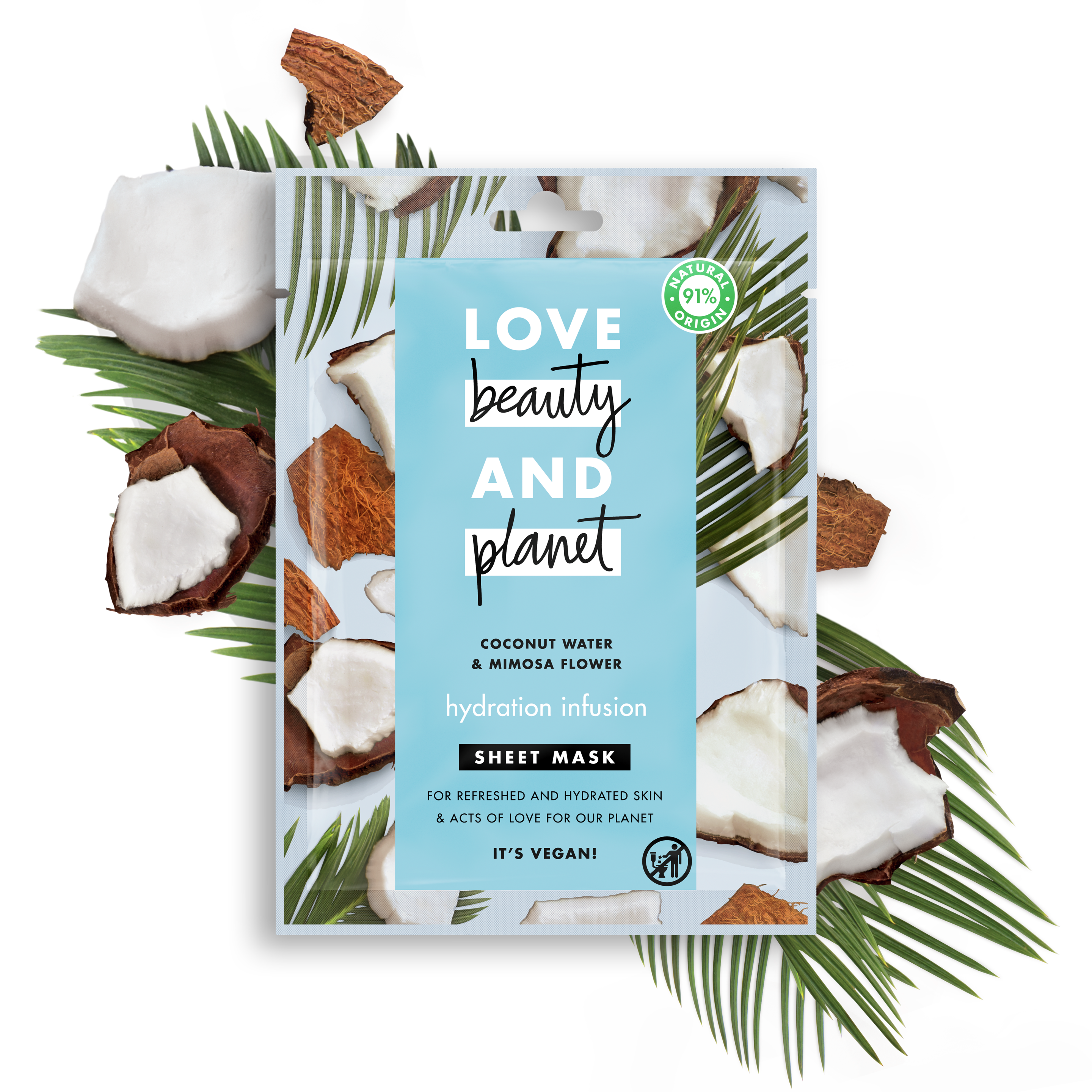 Front of sheet mask pack Love Beauty Planet Coconut Water & Mimosa Sheet Mask 21ml