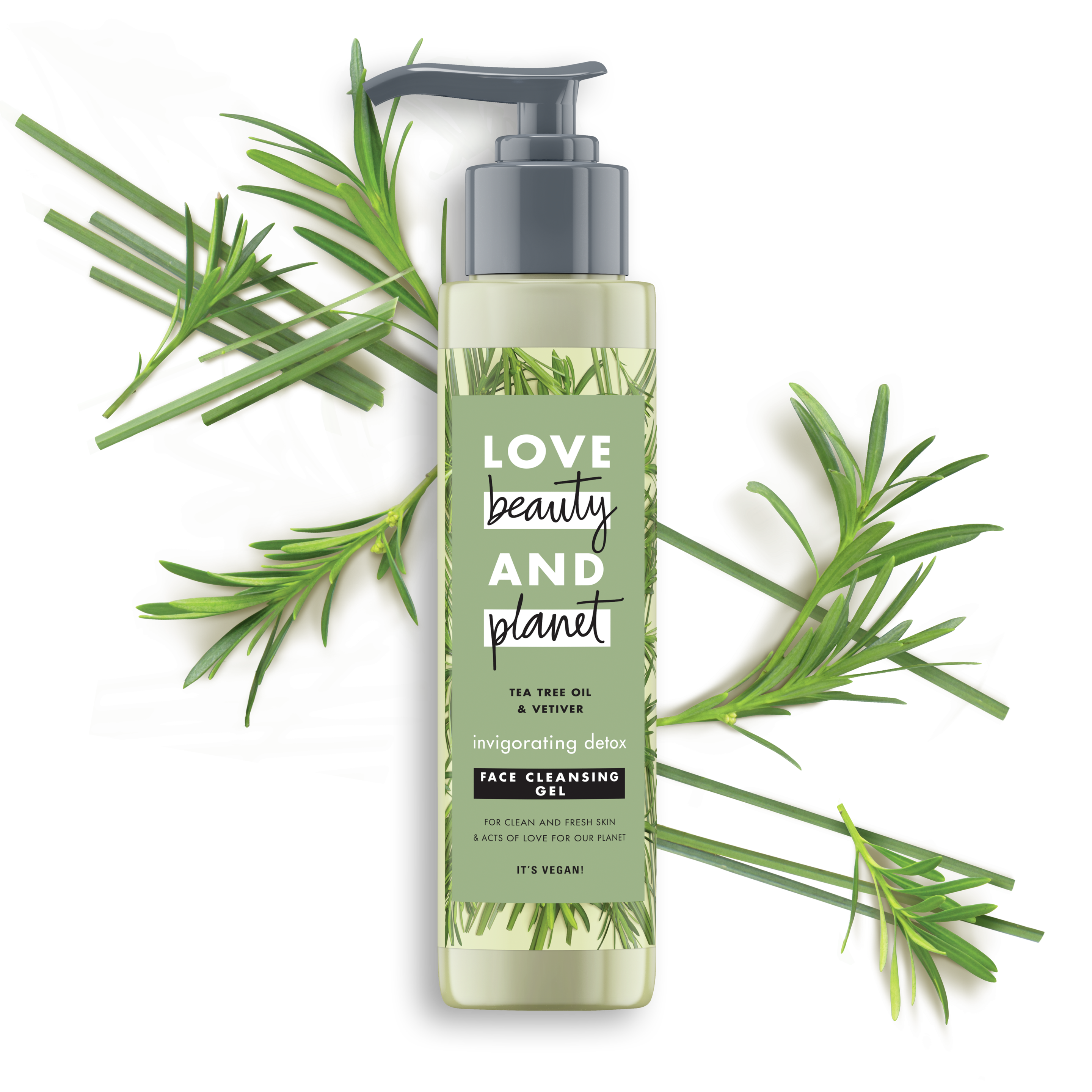 Front of face cleansing gel pack Love Beauty Planet Tea Tree Oil & Vetiver Face Cleansing Gel Invigorating Detox 125ml