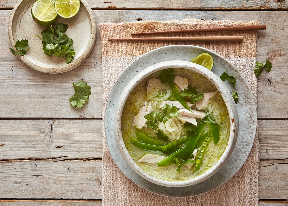 Chicken pho soup top shot