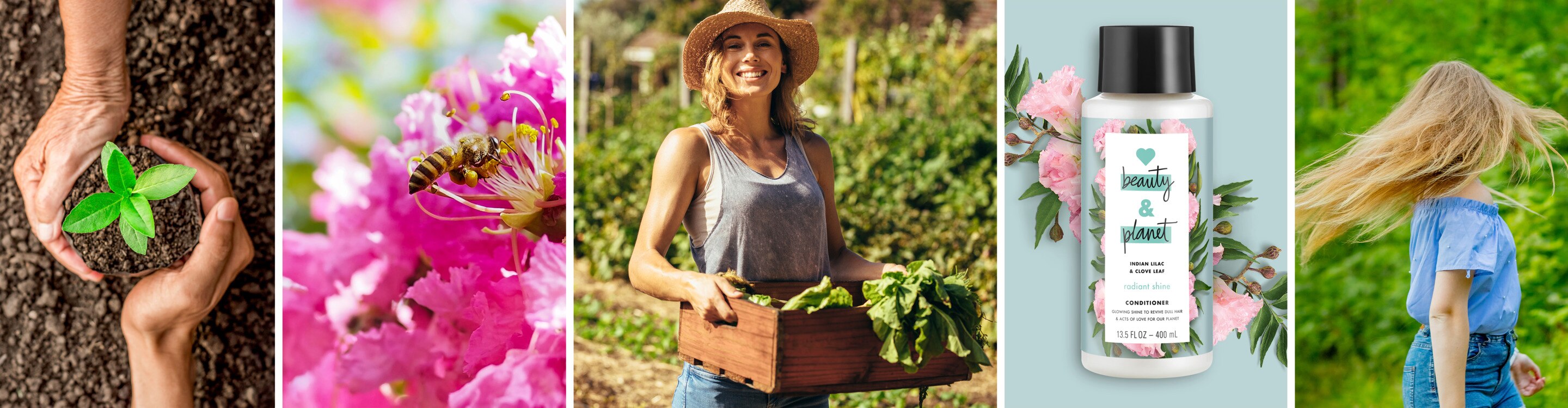 Reduce Carbon Footprint: Header Image of Woman and Love Beauty and Planet Conditioner