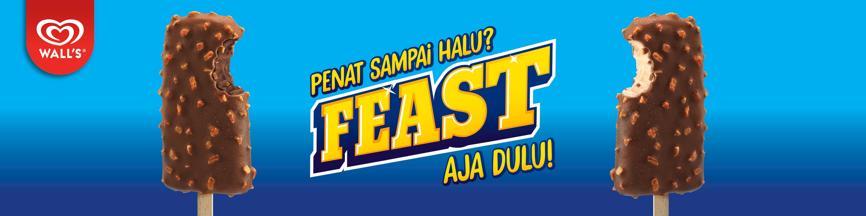 Feast Ice Creams on a blue background with text Penat Sampai Halu? Feast! Aja Dulu