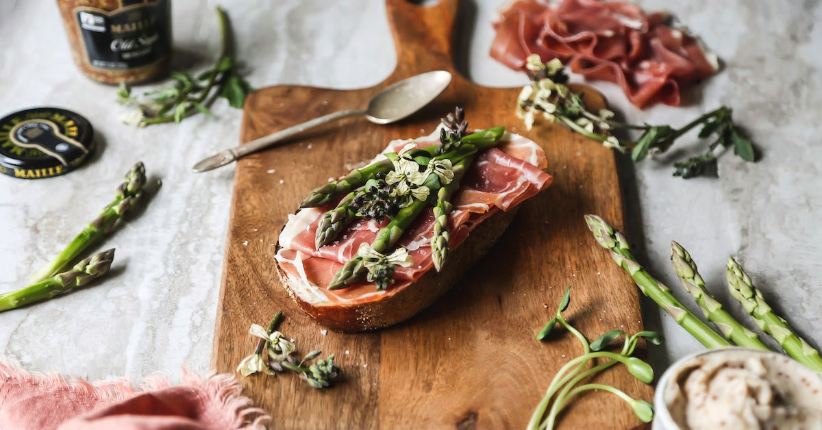 Maille Ham Asparagus Tartine with Maille Old Style White Bean Spread