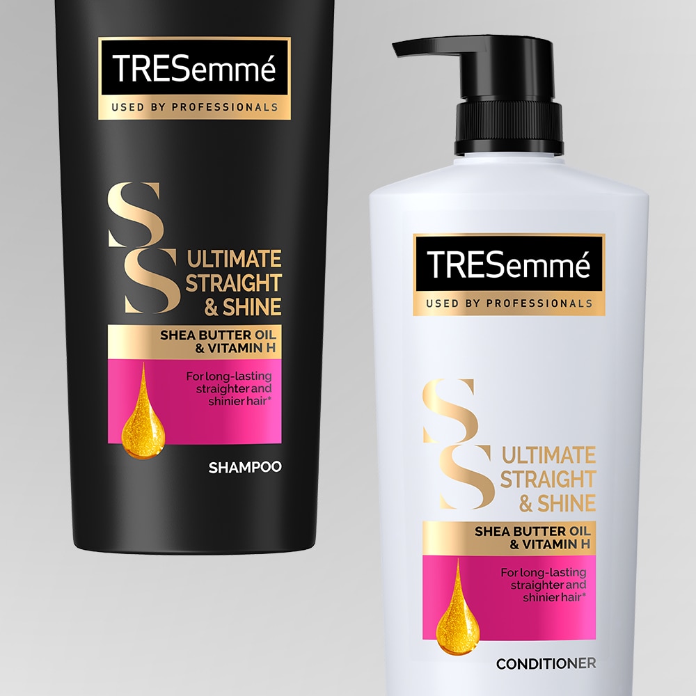 Product shot of the TRESemmé Ultimate Straight and Shine shampoo and conditioner