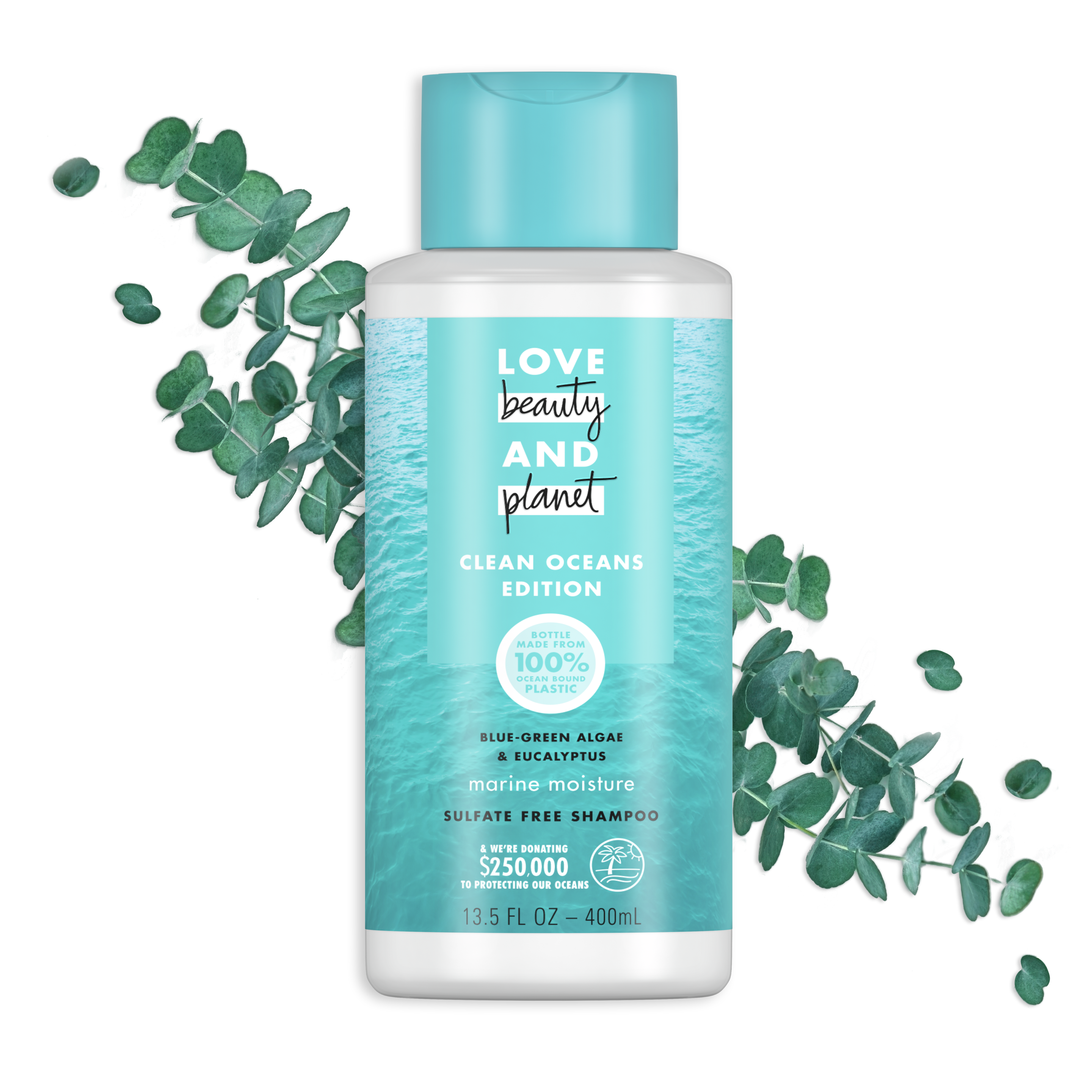Front of shampoo pack Love Beauty Planet Sulfate-free Blue-Green Algae & Eucalyptus Shampoo Marine Moisture 13.5oz